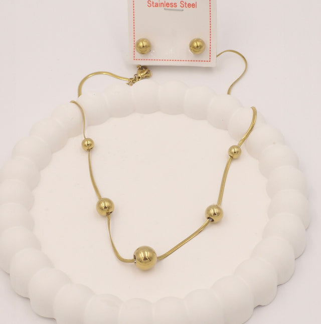 Gold Bead Necklace with Matching Earrings | Anti-Tarnish Stainless Steel Jewellery Set for Women