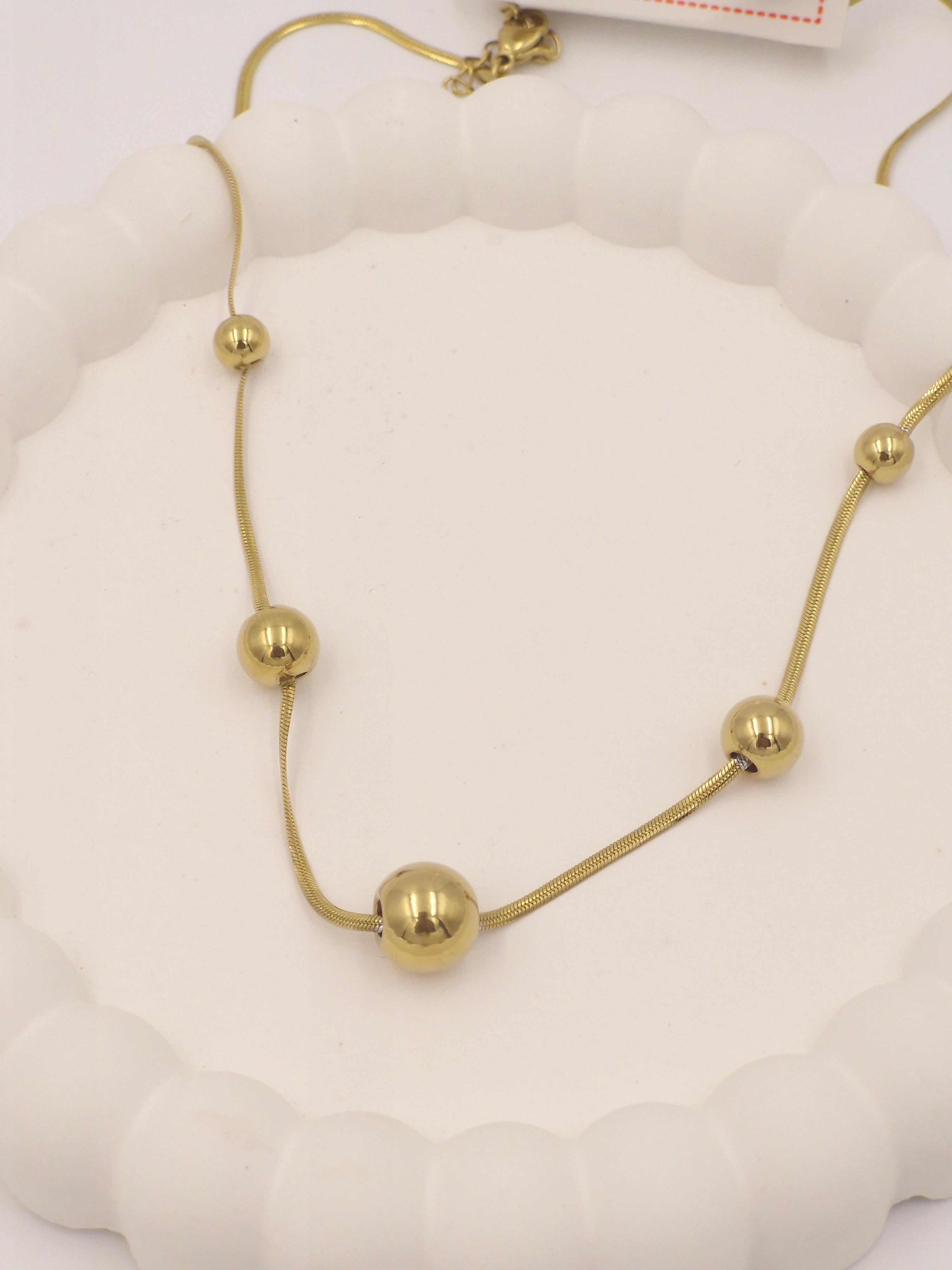 Gold Bead Necklace with Matching Earrings | Anti-Tarnish Stainless Steel Jewellery Set for Women