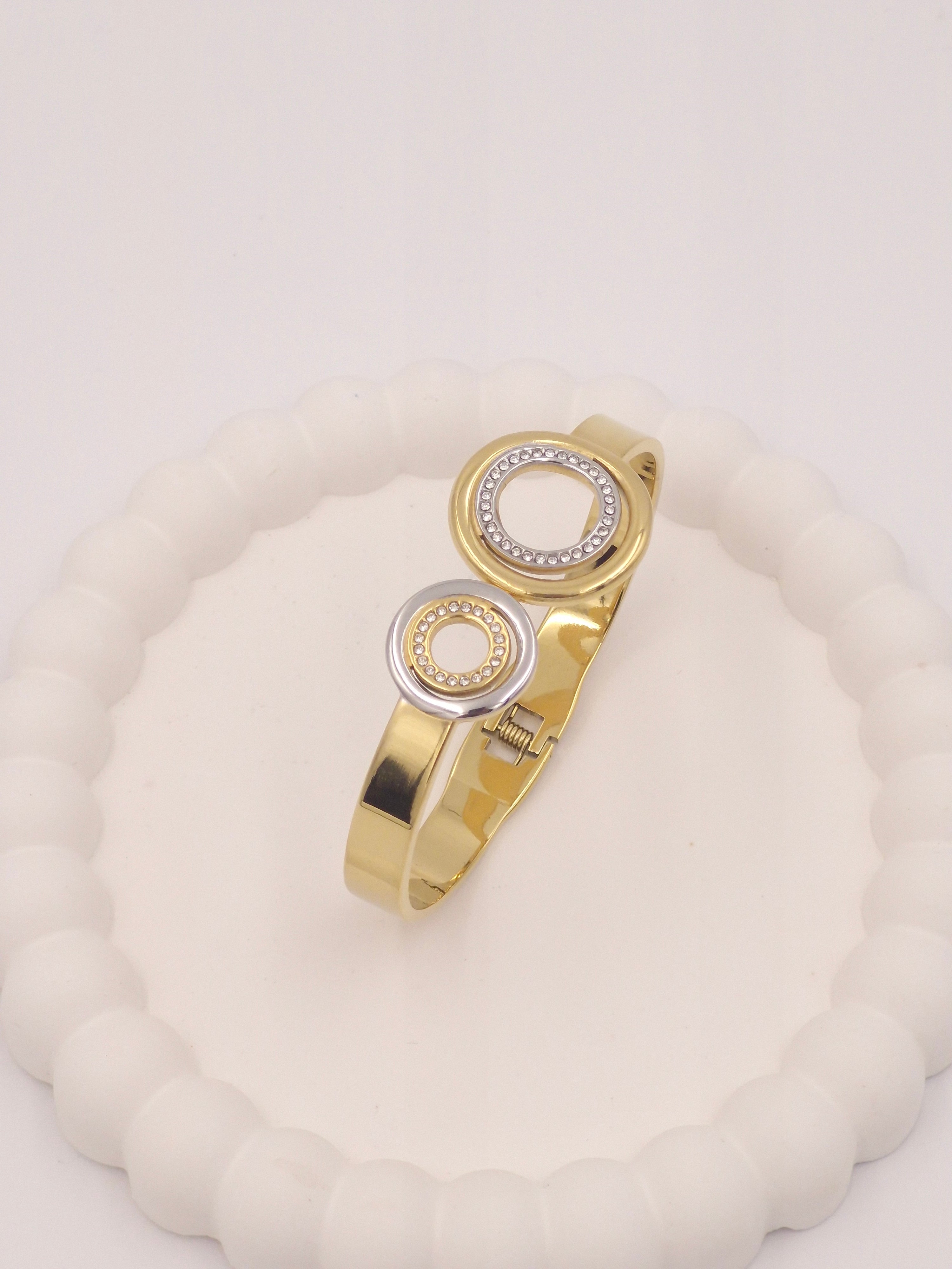 Anti-Tarnish Stainless Steel Two-Tone Bangle Bracelet with Crystals