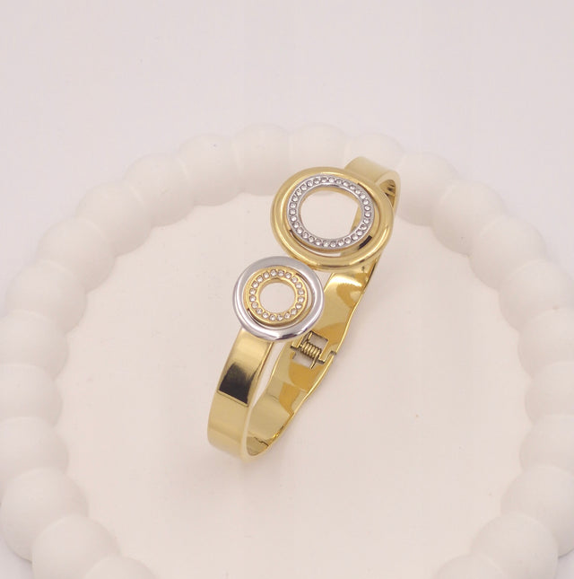Anti-Tarnish Stainless Steel Two-Tone Bangle Bracelet with Crystals