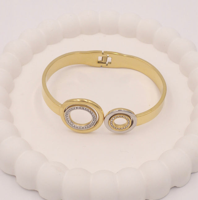 Anti-Tarnish Stainless Steel Two-Tone Bangle Bracelet with Crystals