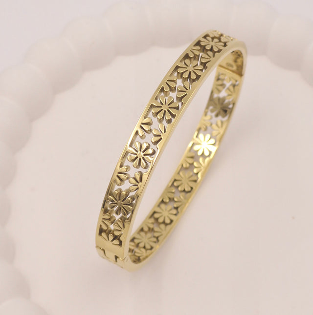 Anti-Tarnish Stainless Steel Gold-Tone Filigree Floral Cut-Out Bangle Bracelet