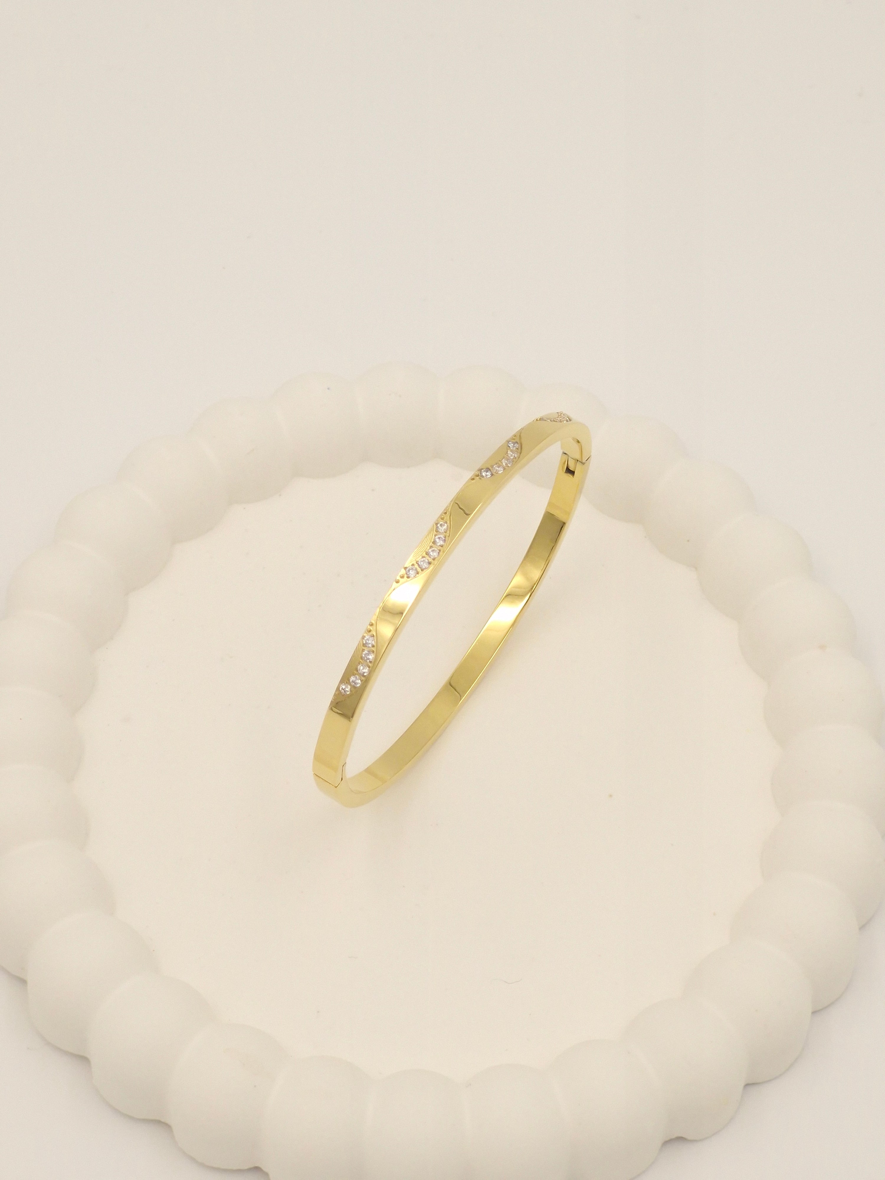 Anti-Tarnish Stainless Steel Gold-Tone Wavy Crystal Bangle Bracelet