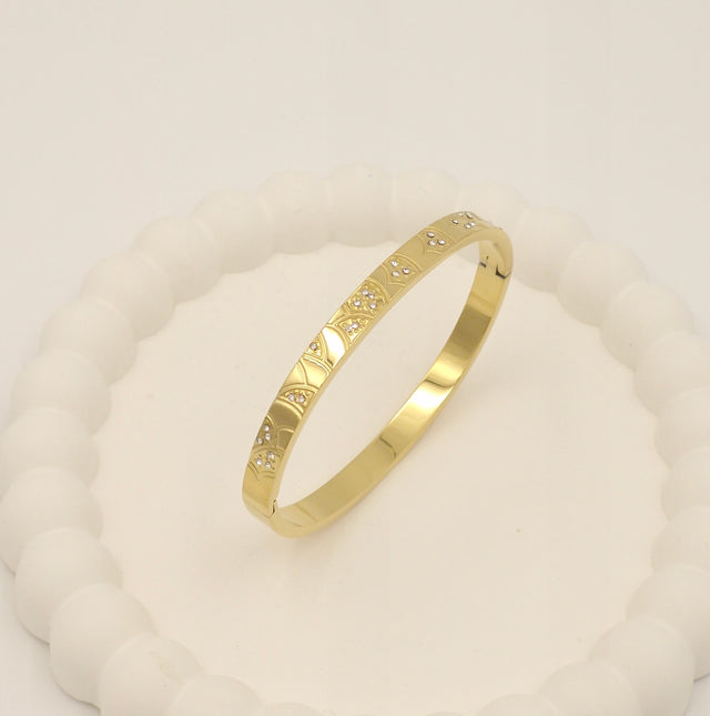 Anti-Tarnish Stainless Steel Gold-Tone Filigree Bangle Bracelet with Crystals