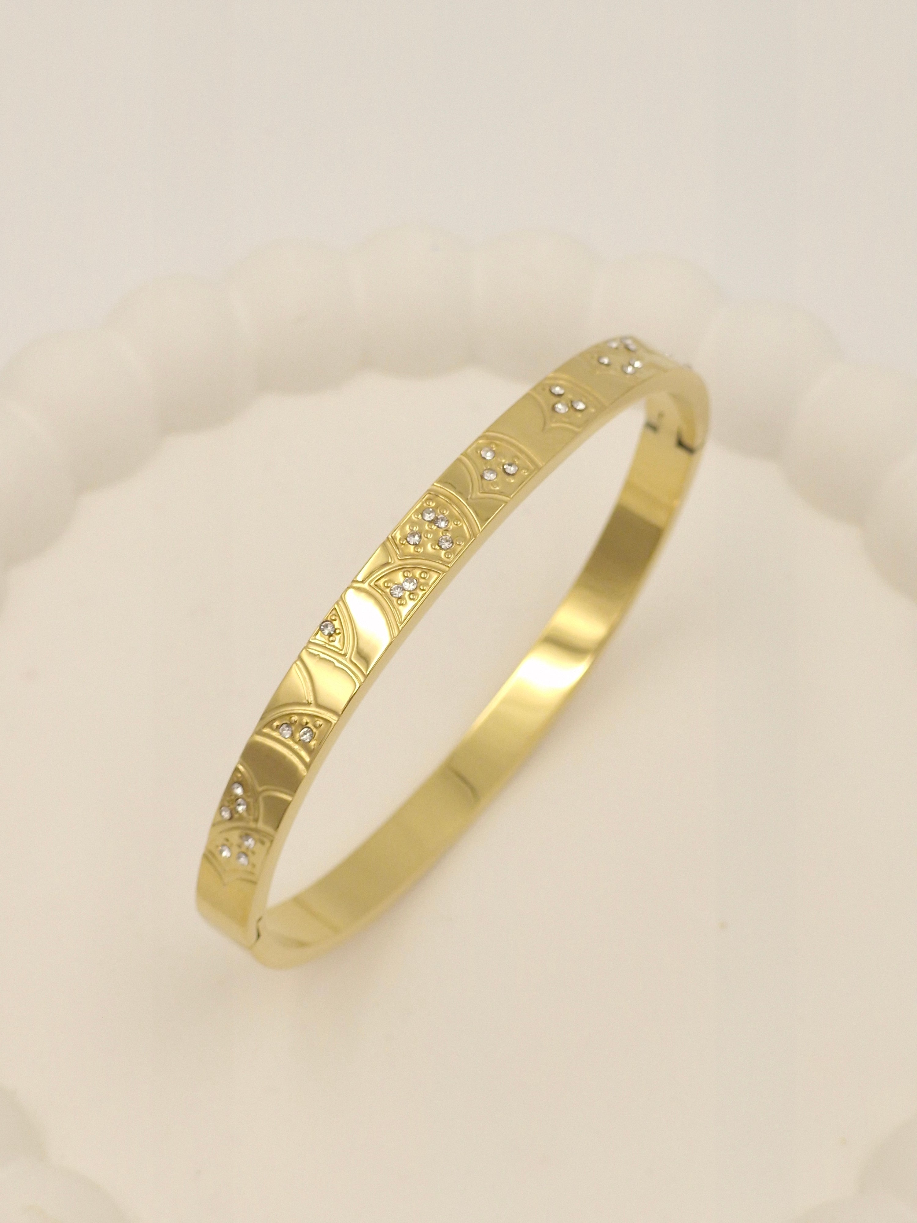 Anti-Tarnish Stainless Steel Gold-Tone Filigree Bangle Bracelet with Crystals