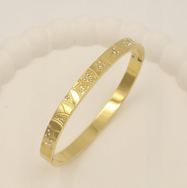 Anti-Tarnish Stainless Steel Gold-Tone Filigree Bangle Bracelet with Crystals