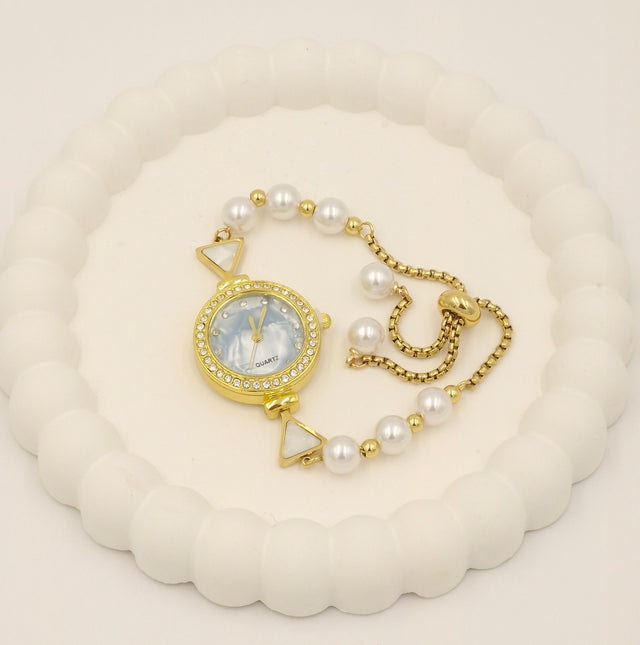 Anti-Tarnish Stainless Steel Gold-Tone Watch with Faux Pearls & Crystal Bezel