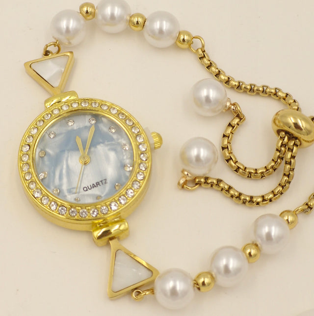 Anti-Tarnish Stainless Steel Gold-Tone Watch with Faux Pearls & Crystal Bezel
