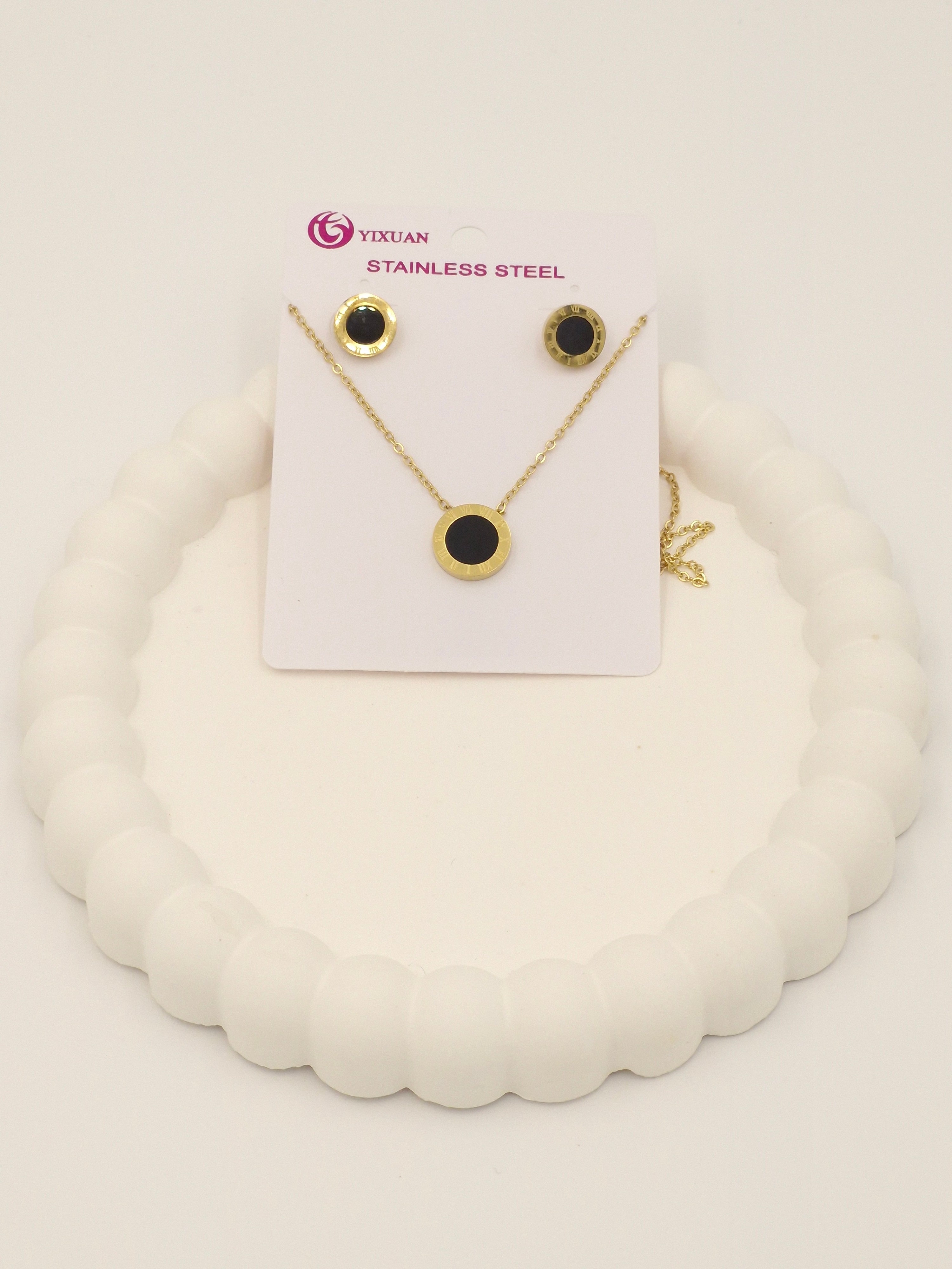 Black Enamel Pendant Necklace with Earrings | Anti-Tarnish Stainless Steel Jewellery Set for Women