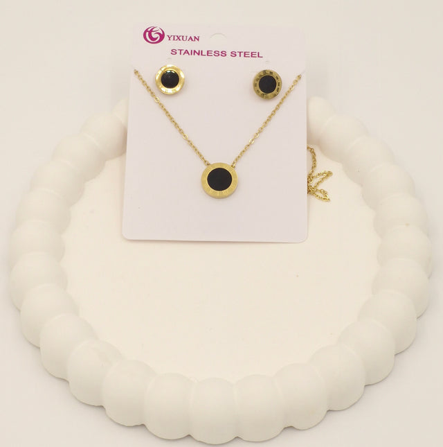 Black Enamel Pendant Necklace with Earrings | Anti-Tarnish Stainless Steel Jewellery Set for Women