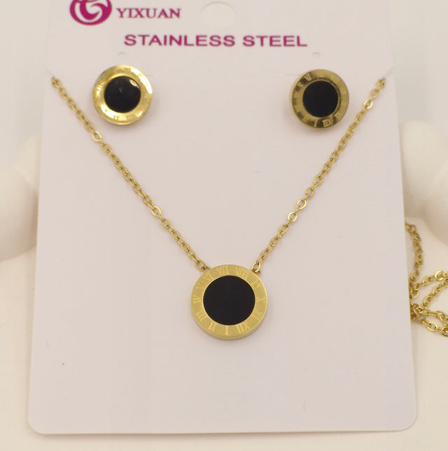 Black Enamel Pendant Necklace with Earrings | Anti-Tarnish Stainless Steel Jewellery Set for Women