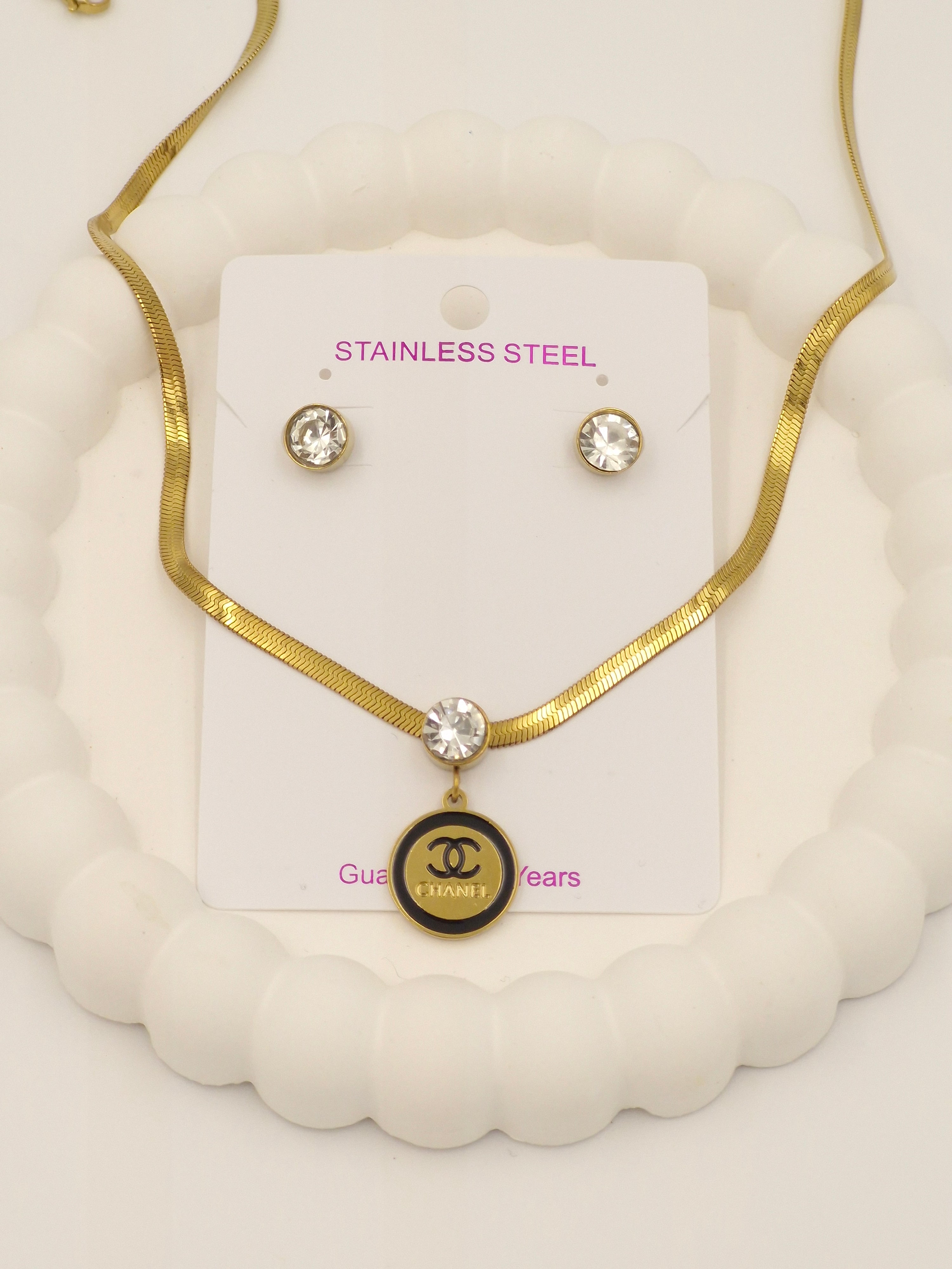 Gold Stainless Steel Necklace with Crystal Pendant & Earrings | Anti-Tarnish Jewellery Set for Women