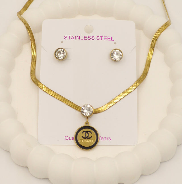 Gold Stainless Steel Necklace with Crystal Pendant & Earrings | Anti-Tarnish Jewellery Set for Women
