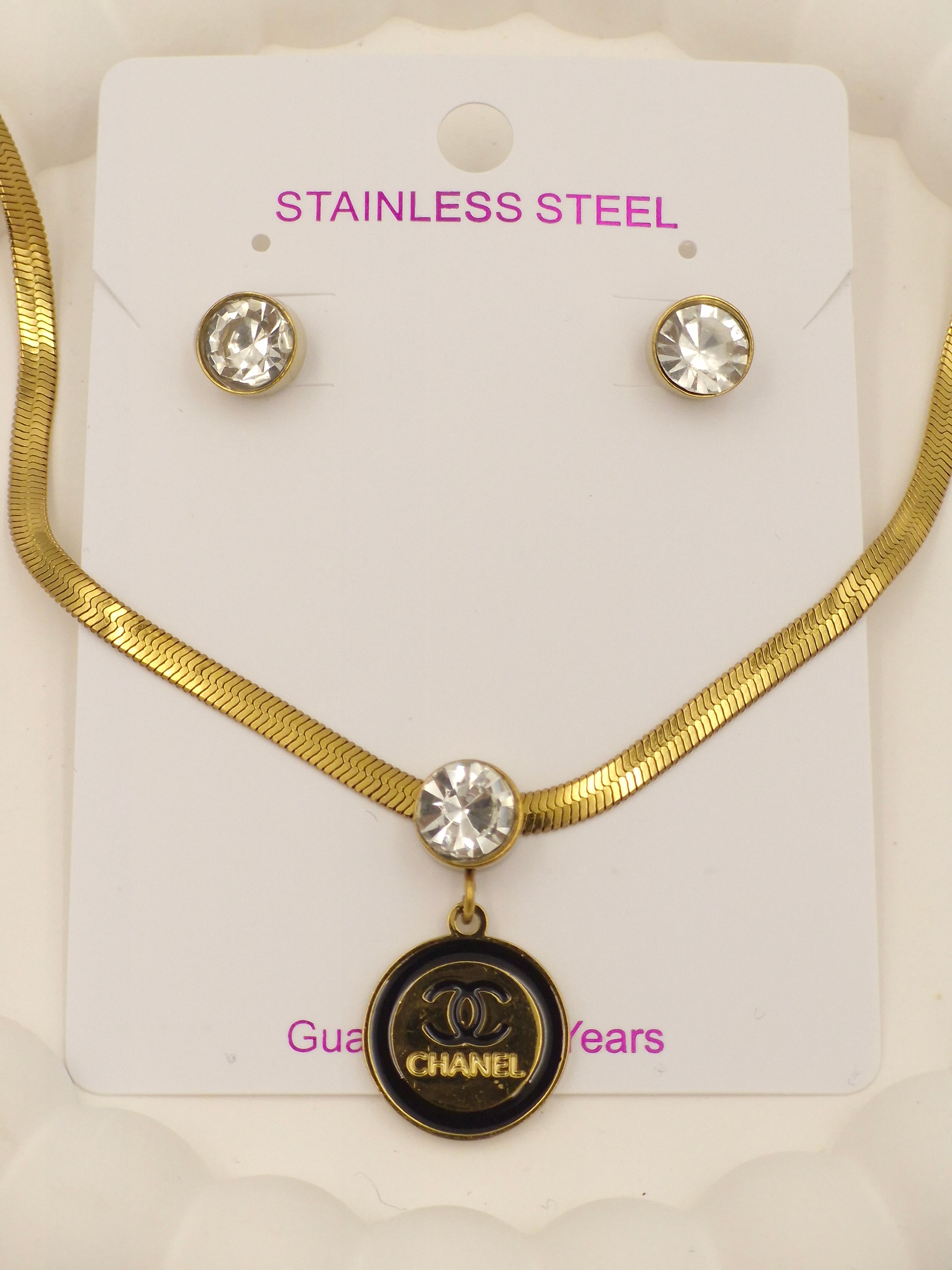 Gold Stainless Steel Necklace with Crystal Pendant & Earrings | Anti-Tarnish Jewellery Set for Women