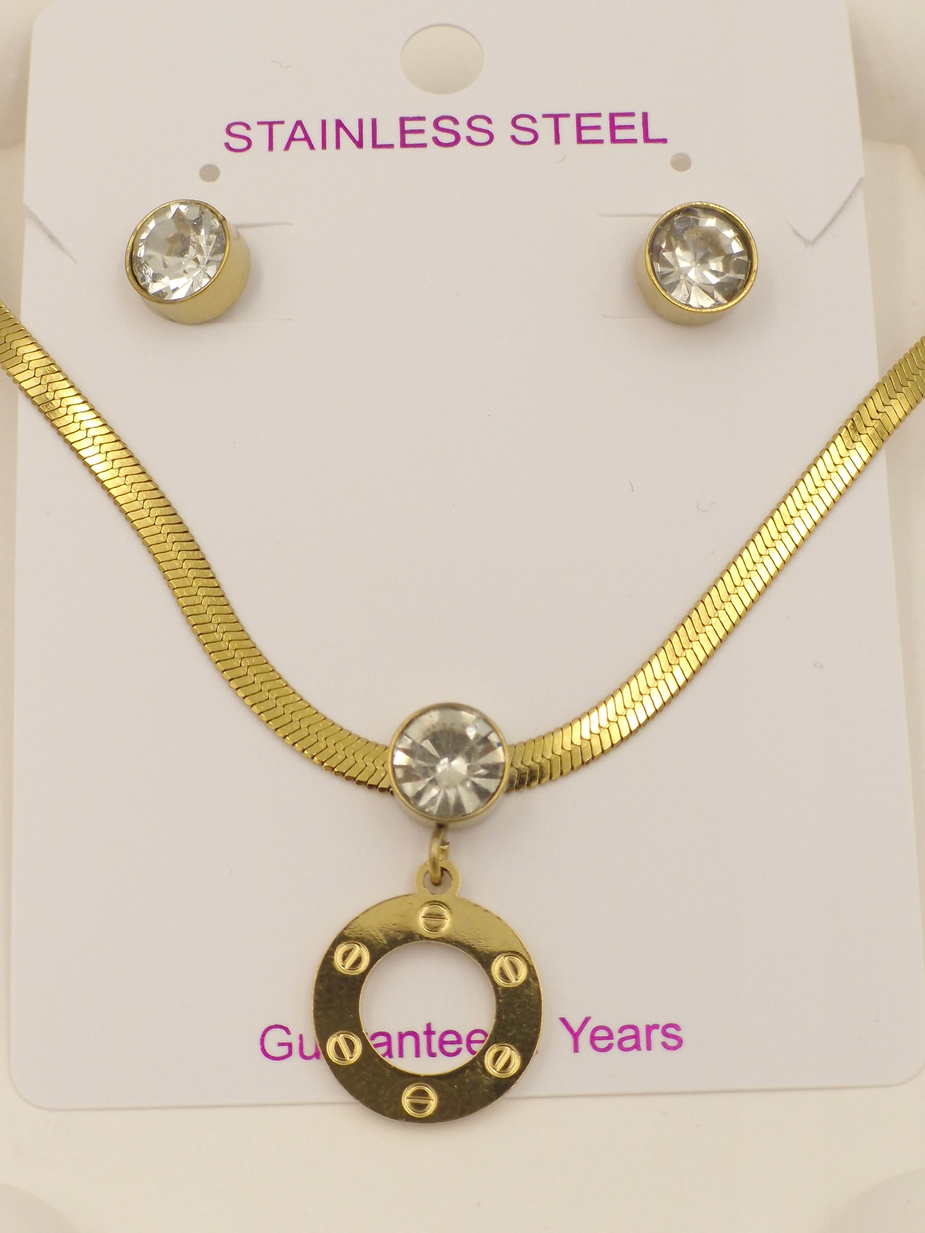 Gold Stainless Steel Necklace Set with Screw-Motif Circle Pendant & Crystal Earrings | Anti-Tarnish Jewellery