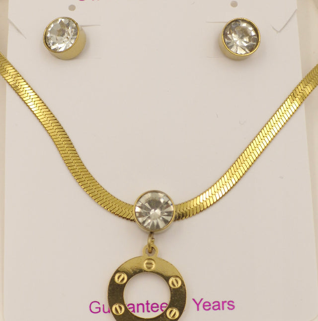 Gold Stainless Steel Necklace Set with Screw-Motif Circle Pendant & Crystal Earrings | Anti-Tarnish Jewellery
