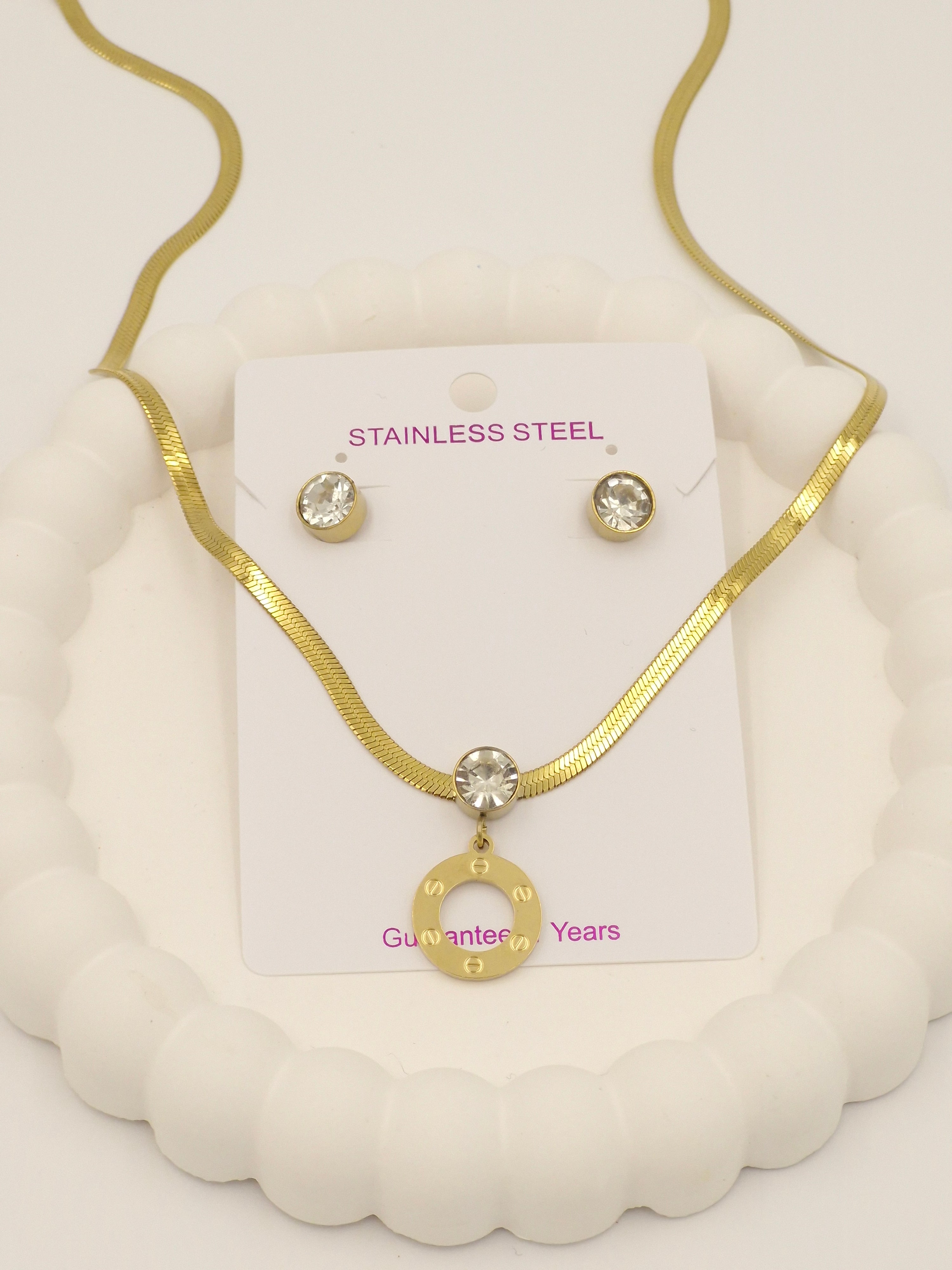 Gold Stainless Steel Necklace Set with Screw-Motif Circle Pendant & Crystal Earrings | Anti-Tarnish Jewellery