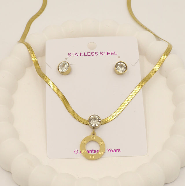 Gold Stainless Steel Necklace Set with Screw-Motif Circle Pendant & Crystal Earrings | Anti-Tarnish Jewellery