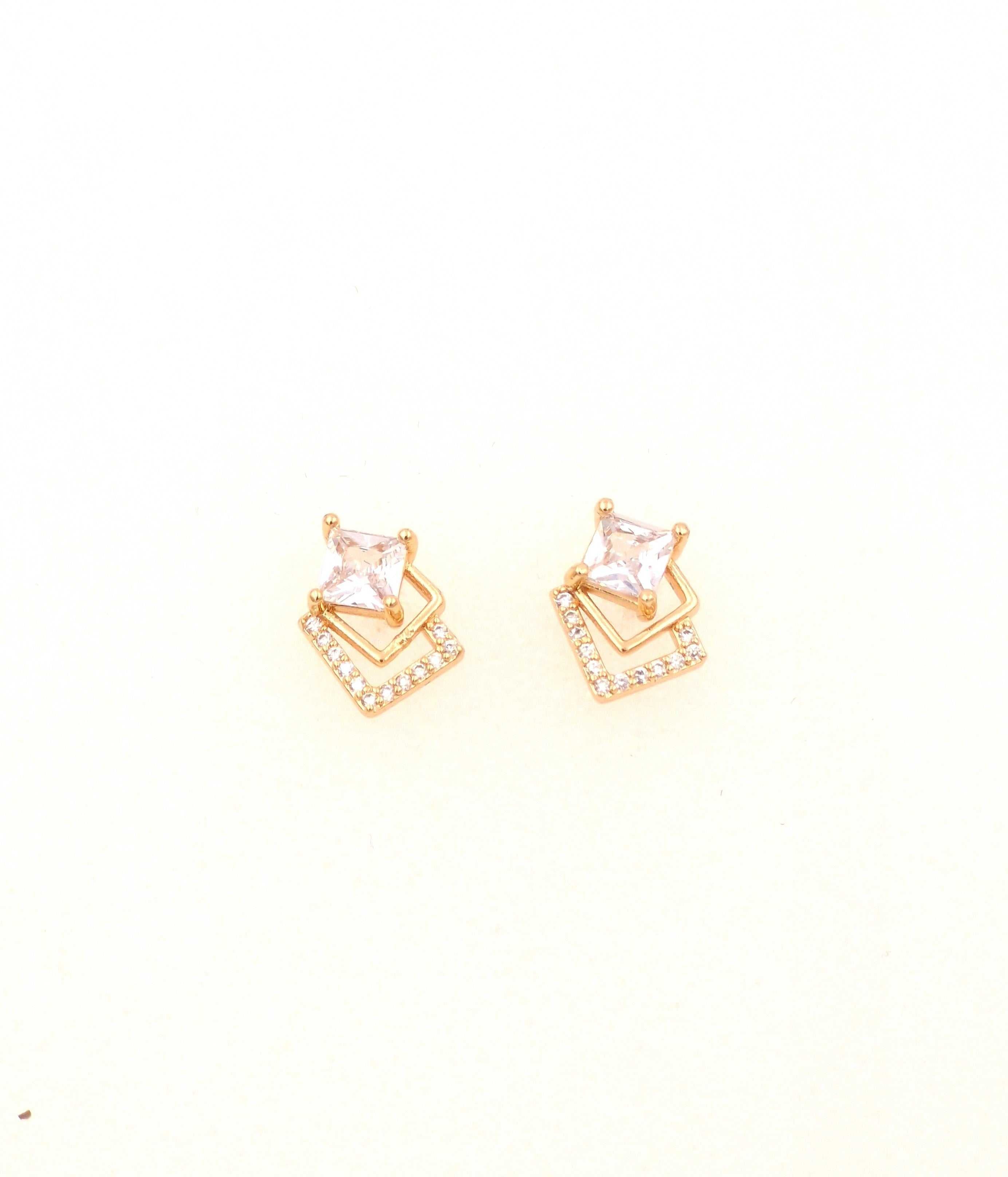 Gold Plated Square Stud Earrings with CZ Stones for Women & Girls
