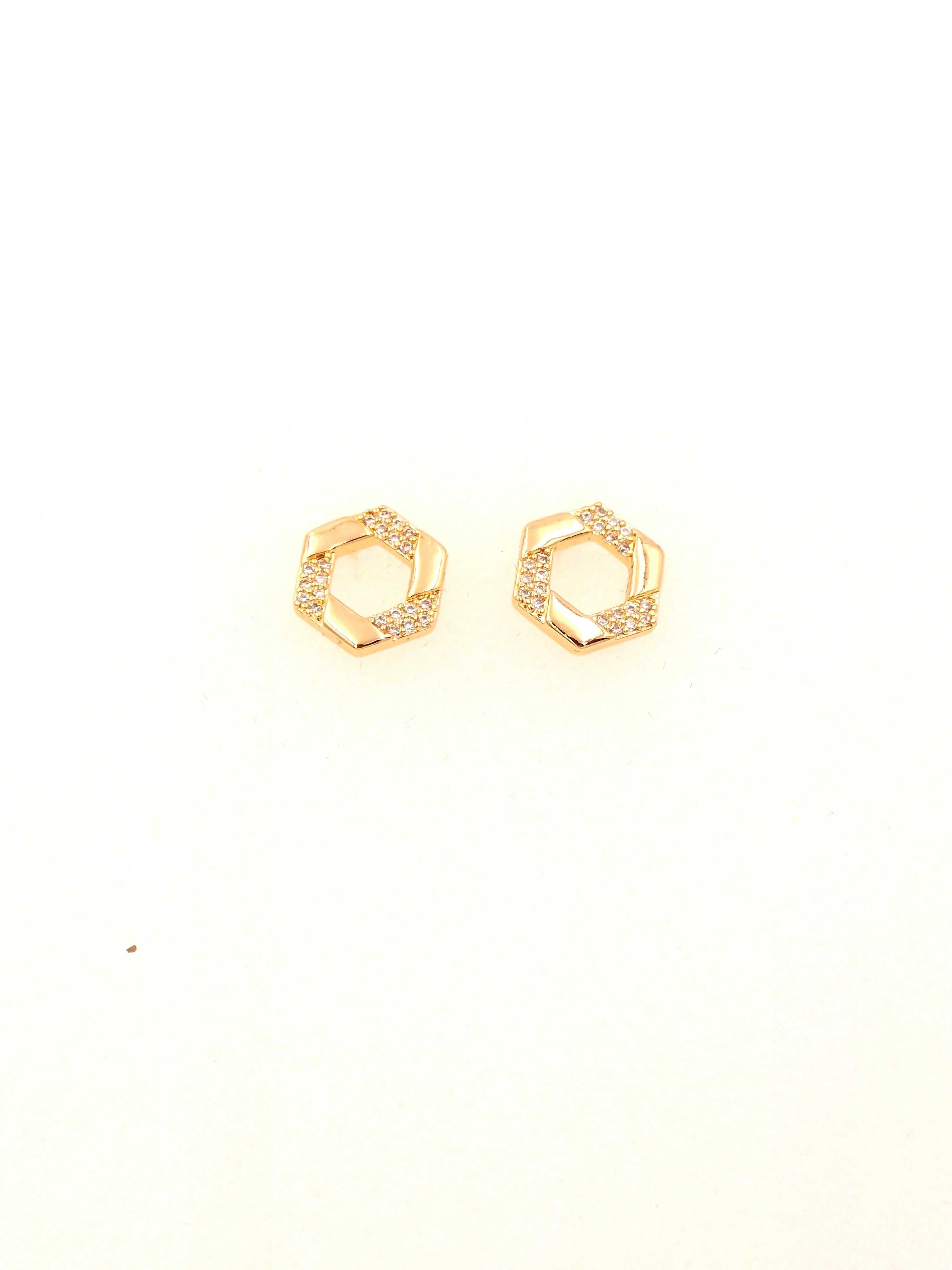Gold Plated Hexagon Stud Earrings with Sparkling CZ Stones