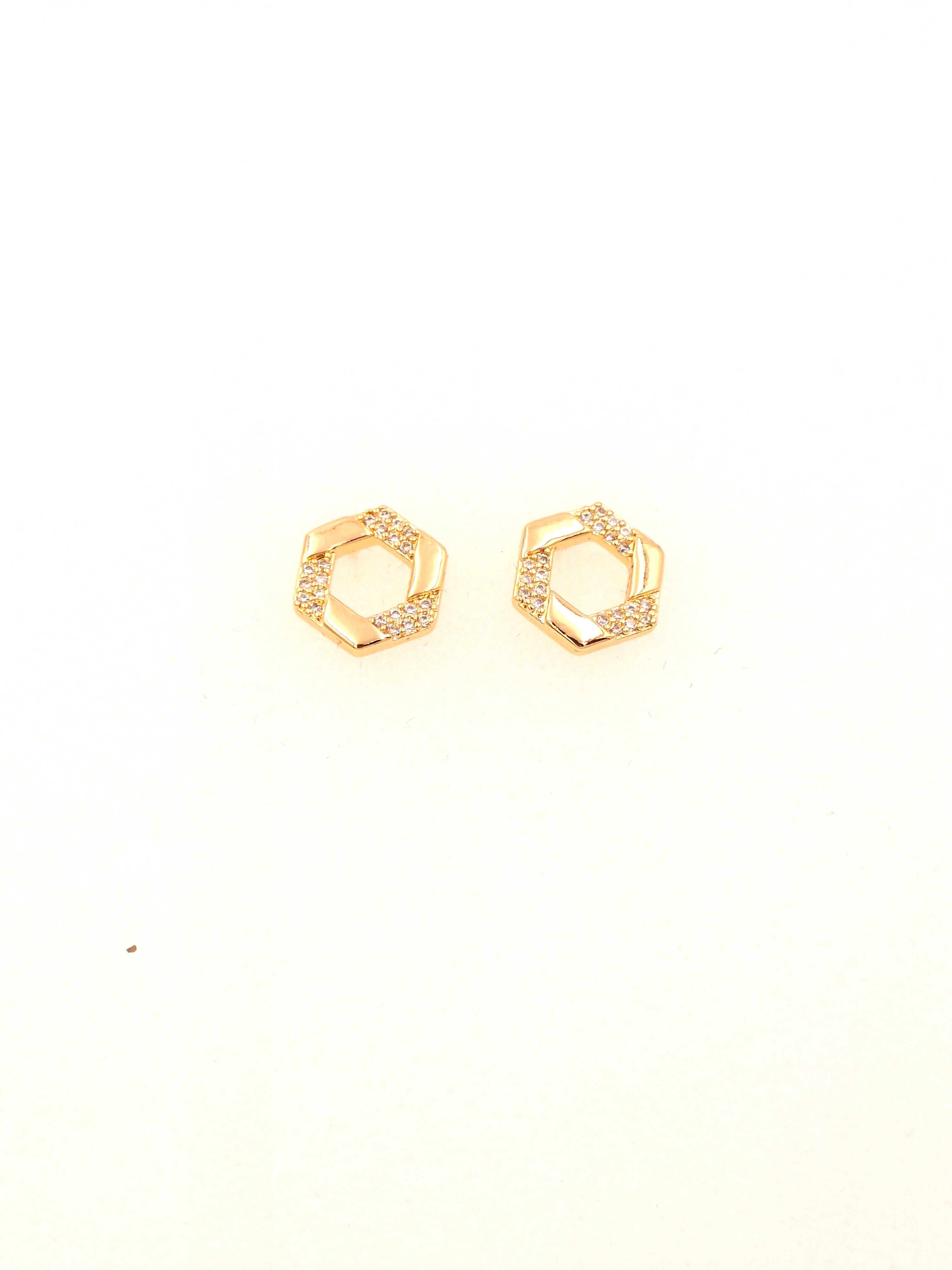 Gold Plated Hexagon Stud Earrings with Sparkling CZ Stones