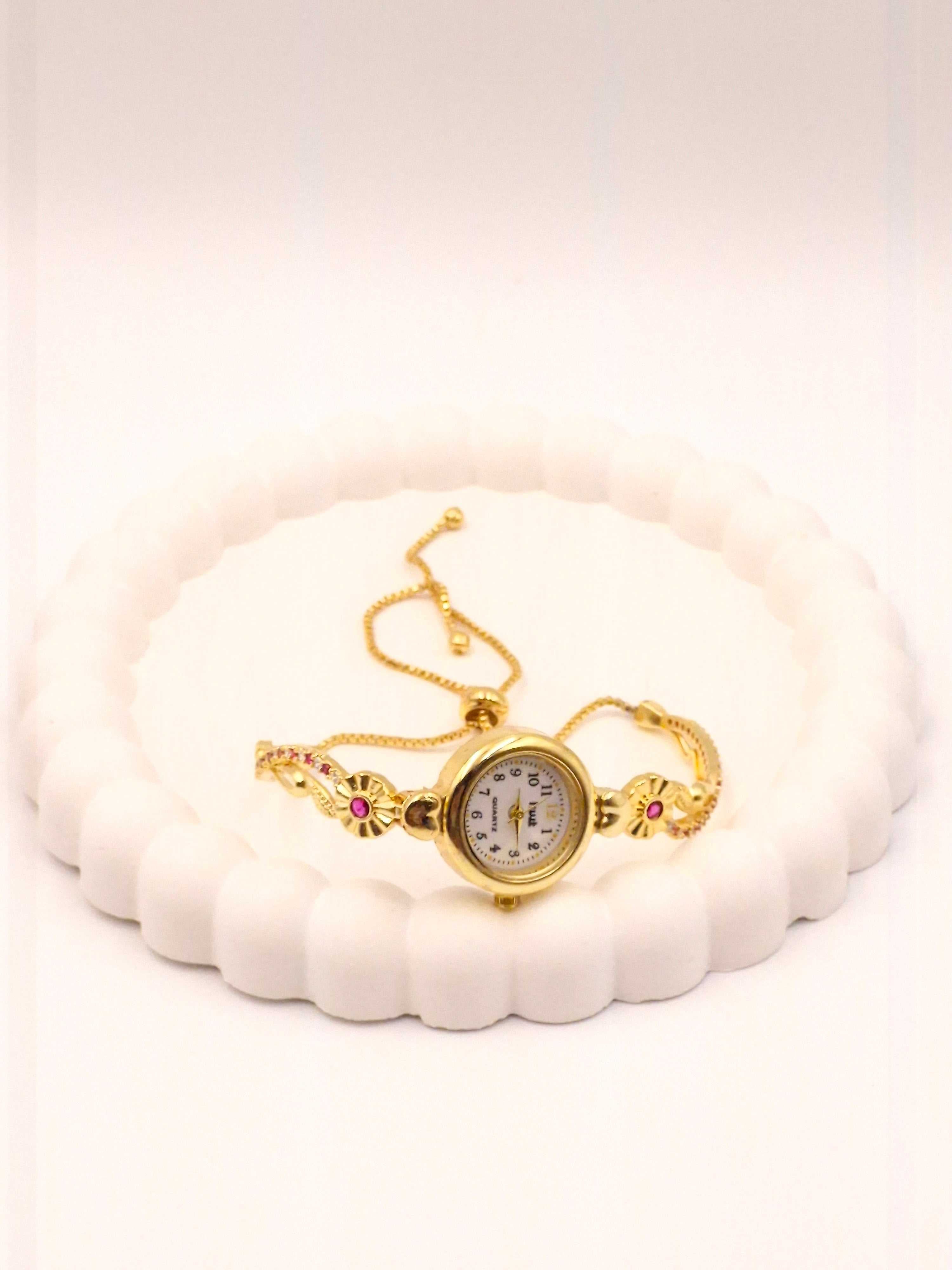 Gold Plated Adjustable Bracelet Watch for Women & Girls | Floral Design | Stone Studded Stylish Analog Watch