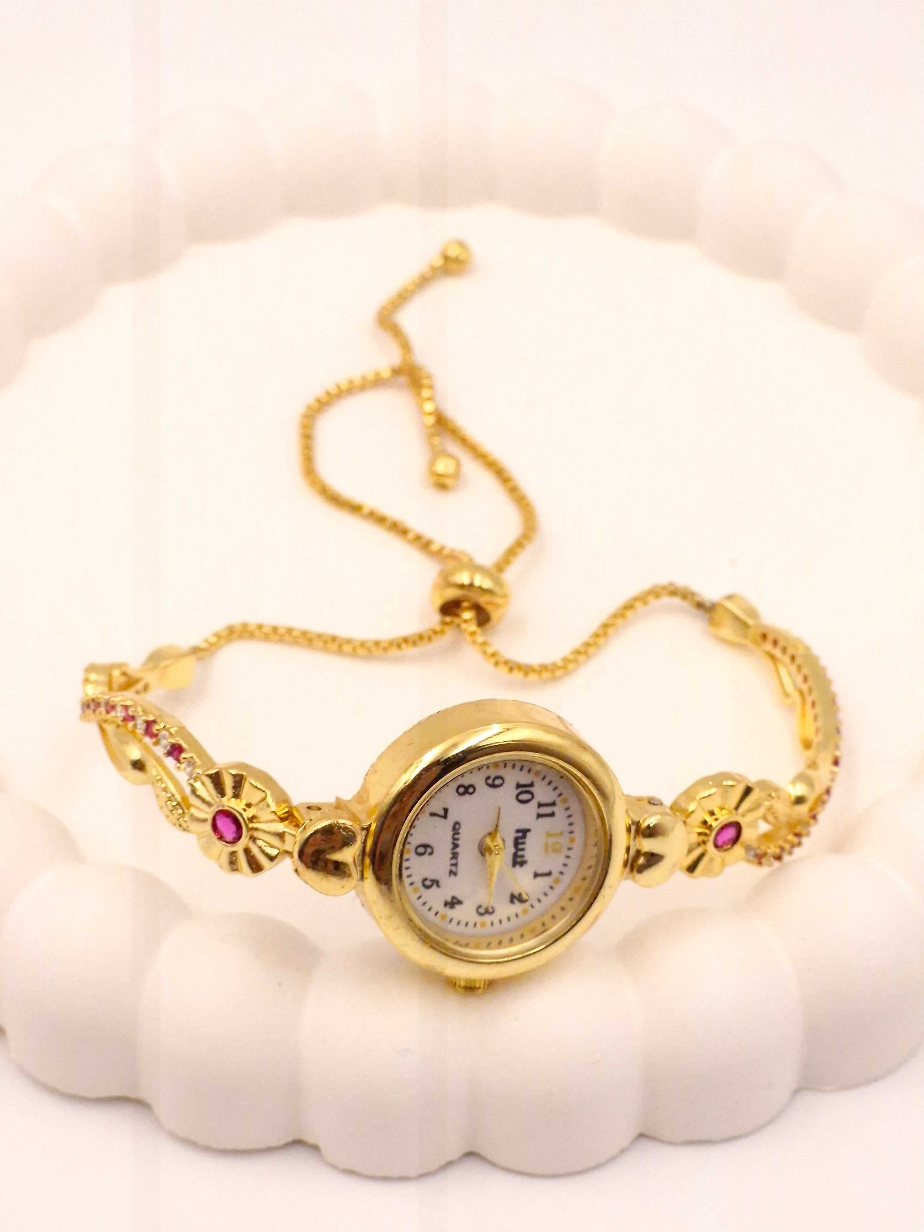 Gold Plated Adjustable Bracelet Watch for Women & Girls | Floral Design | Stone Studded Stylish Analog Watch