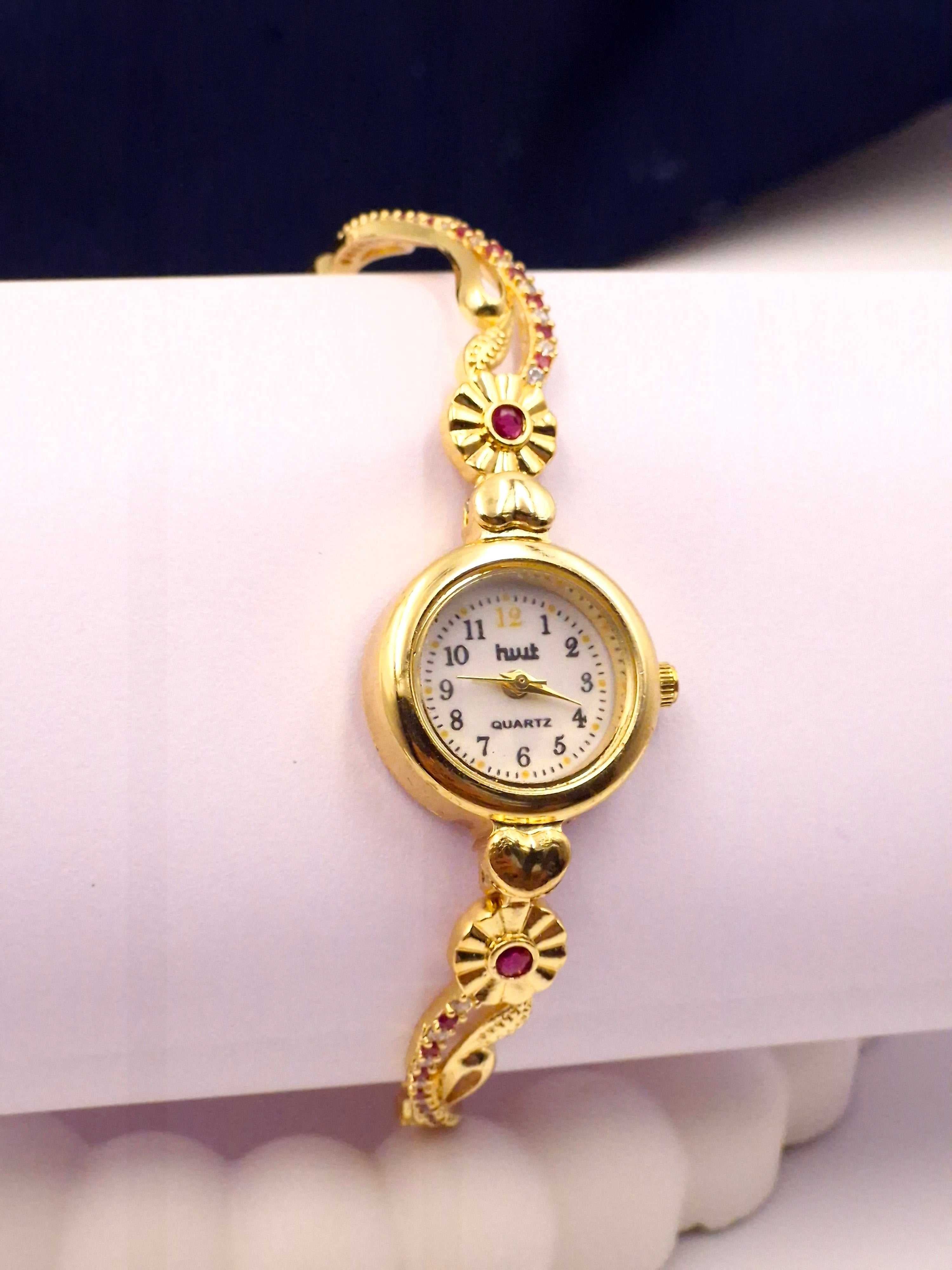 Gold Plated Adjustable Bracelet Watch for Women & Girls | Floral Design | Stone Studded Stylish Analog Watch