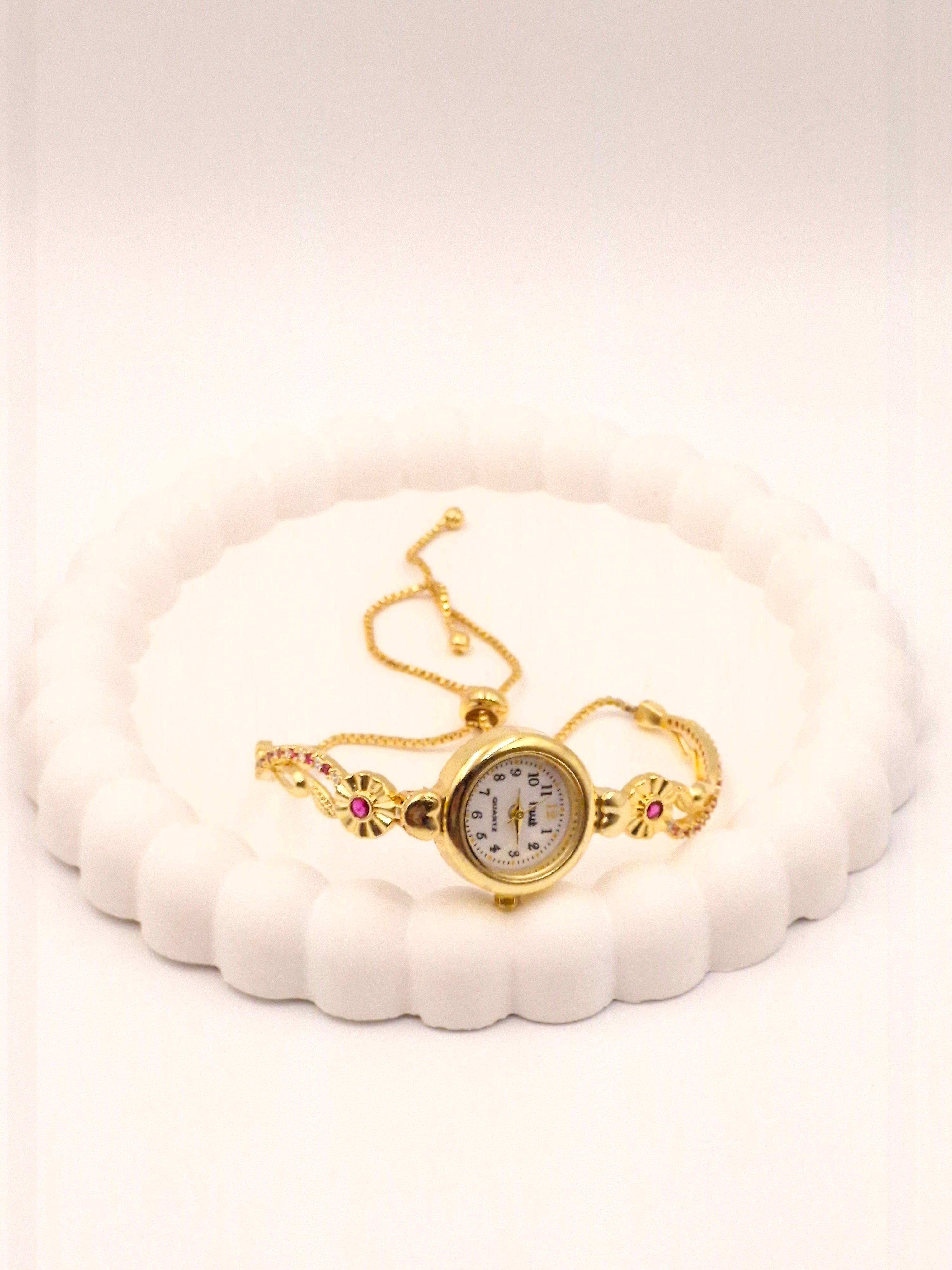 Gold Plated Adjustable Bracelet Watch for Women & Girls | Floral Design | Stone Studded Stylish Analog Watch