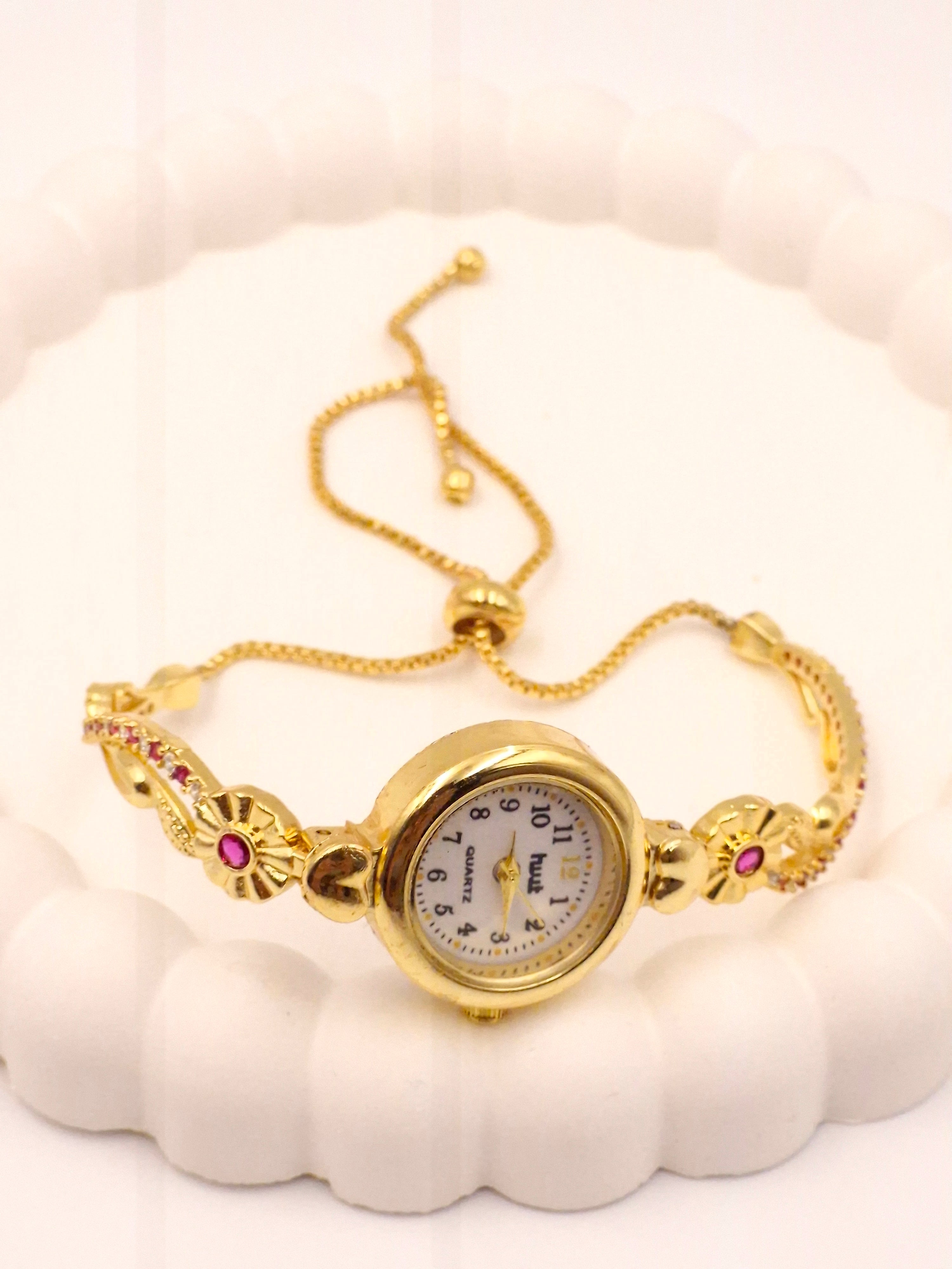 Gold Plated Adjustable Bracelet Watch for Women & Girls | Floral Design | Stone Studded Stylish Analog Watch