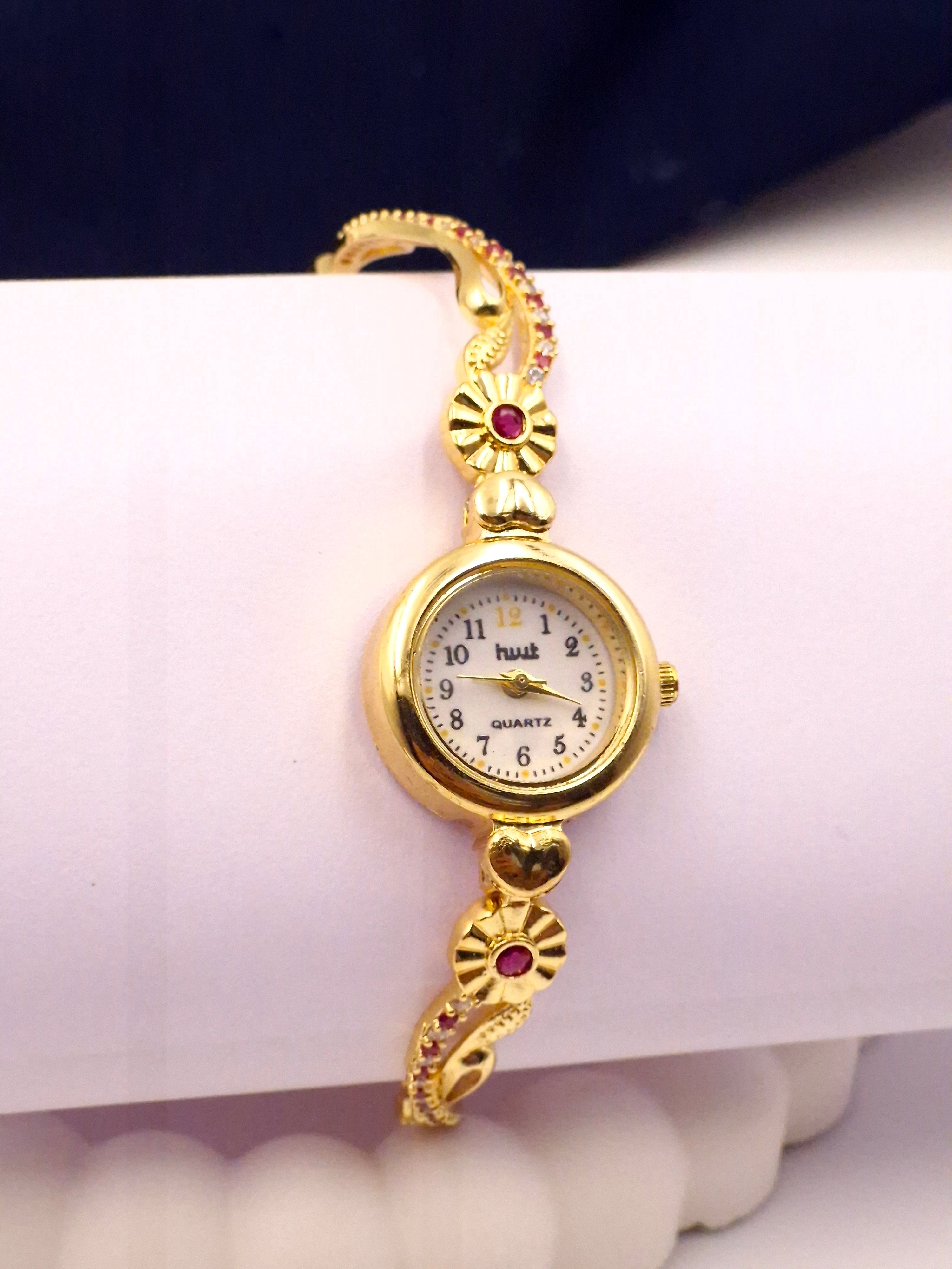 Gold Plated Adjustable Bracelet Watch for Women & Girls | Floral Design | Stone Studded Stylish Analog Watch