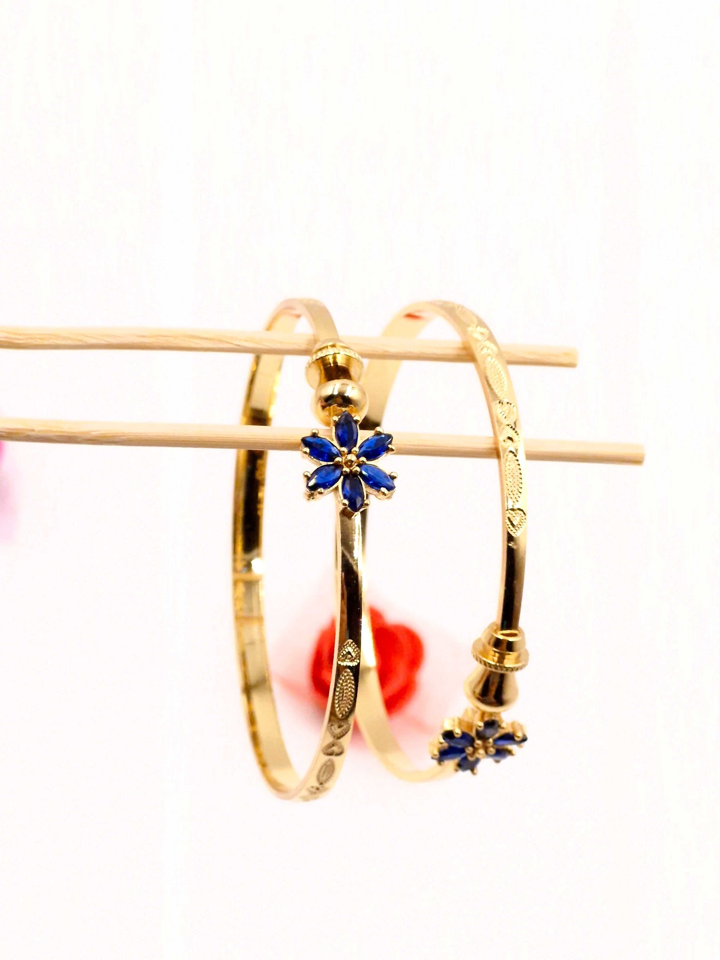 Gold Plated Blue Stone Floral Openable Bangles for Women & Girls | Stylish Daily & Festive Wear Kada Pair