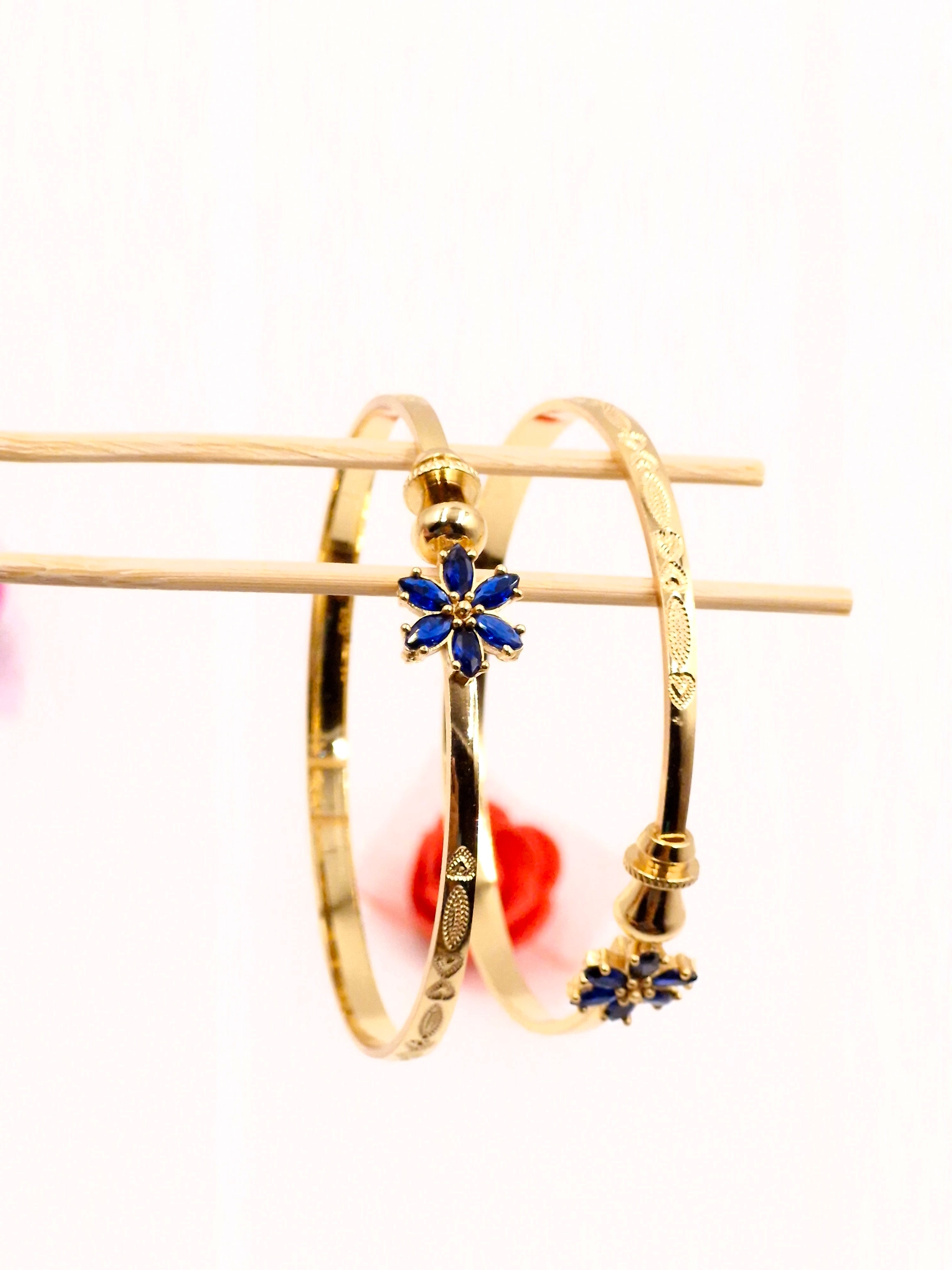 Gold Plated Blue Stone Floral Openable Bangles for Women & Girls | Stylish Daily & Festive Wear Kada Pair