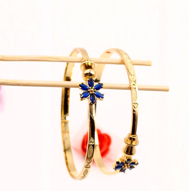 Gold Plated Blue Stone Floral Openable Bangles for Women & Girls | Stylish Daily & Festive Wear Kada Pair