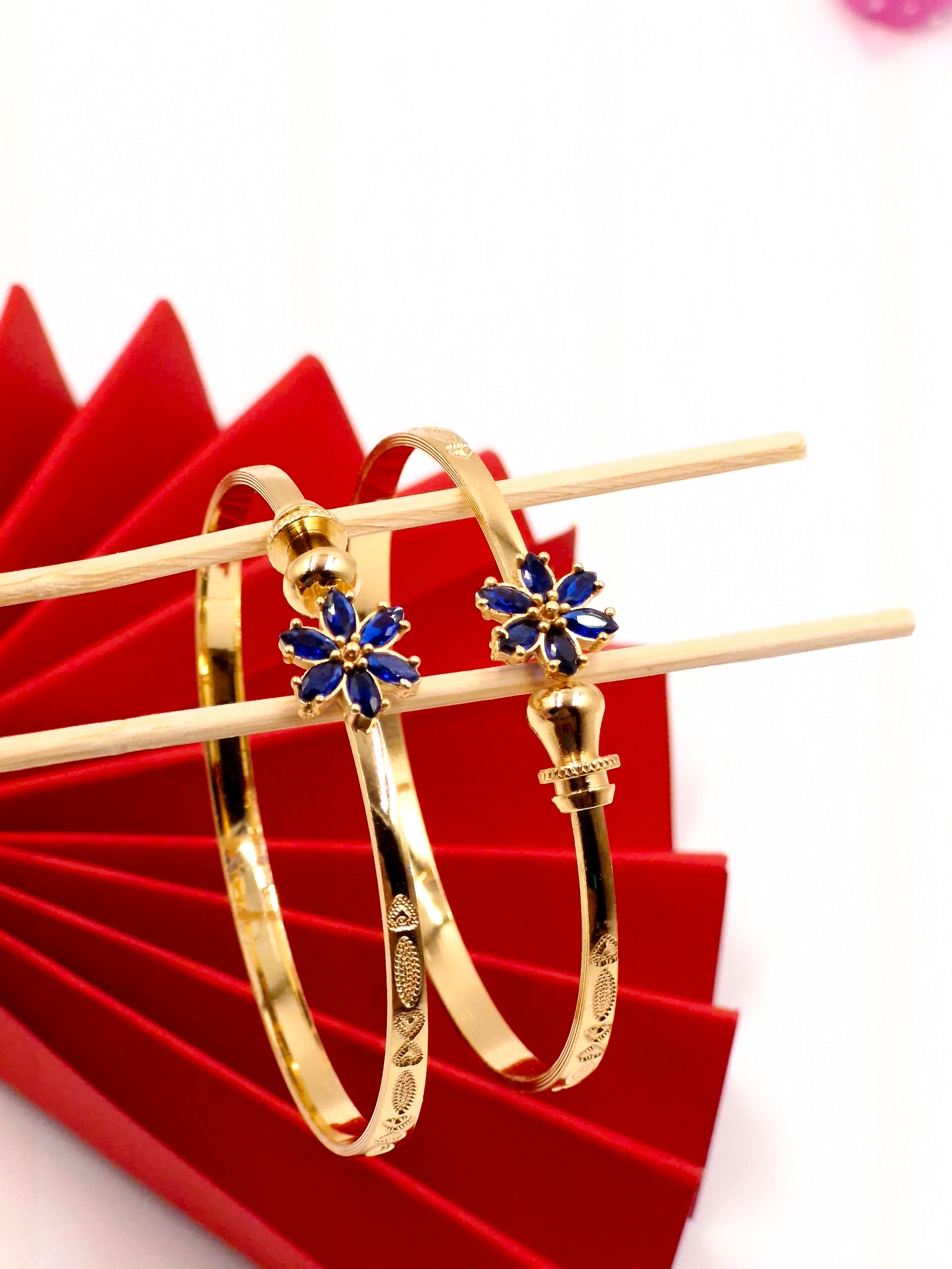 Gold Plated Blue Stone Floral Openable Bangles for Women & Girls | Stylish Daily & Festive Wear Kada Pair