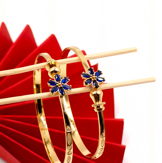 Gold Plated Blue Stone Floral Openable Bangles for Women & Girls | Stylish Daily & Festive Wear Kada Pair