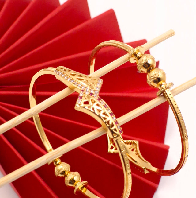 Gold Plated Designer Openable Bangles for Women | Stone Studded Mesh Pattern Kada Pair