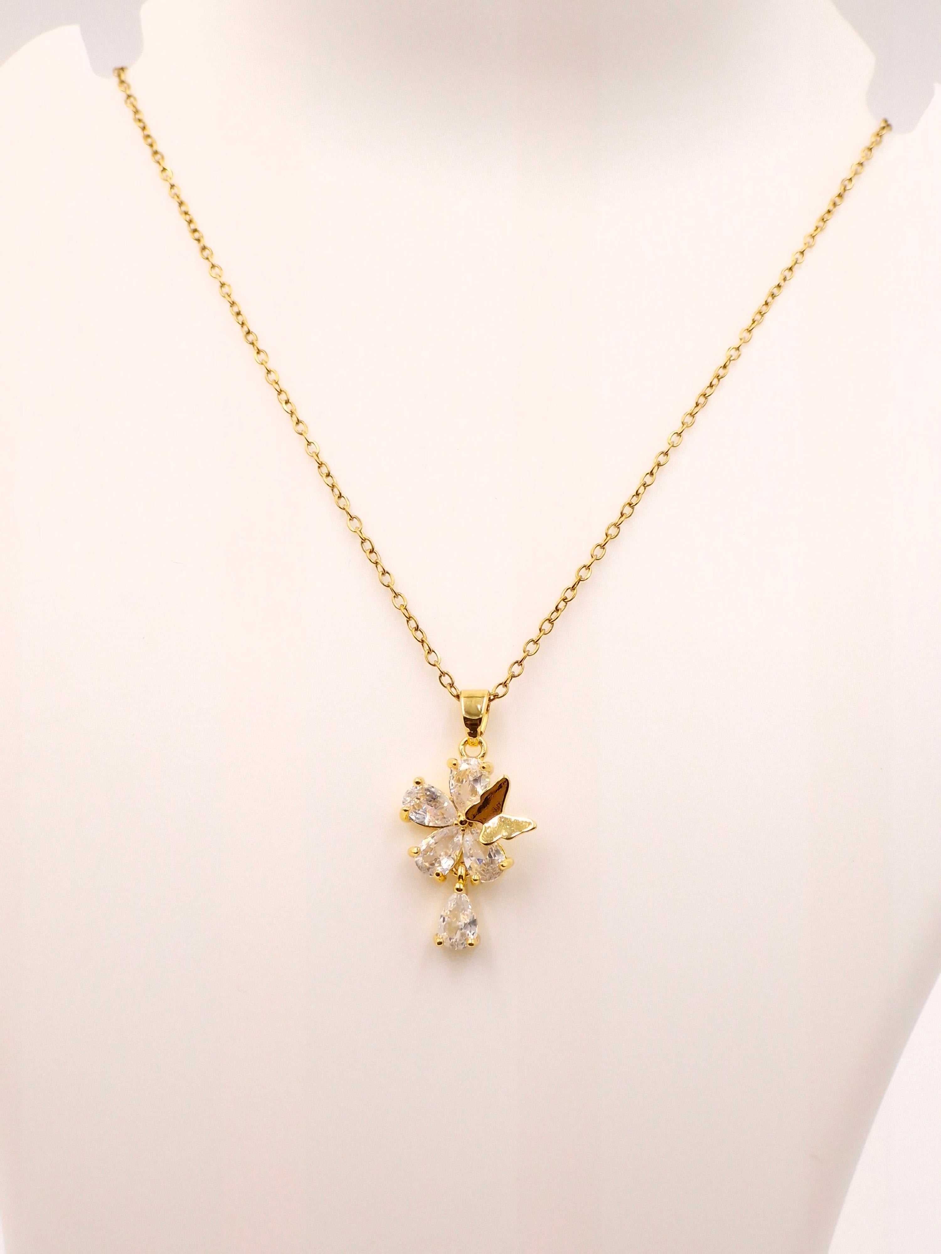 Anti-Tarnish Stainless Steel Floral Butterfly Pendant Necklace with CZ Stones | Gold Finish Stylish Chain