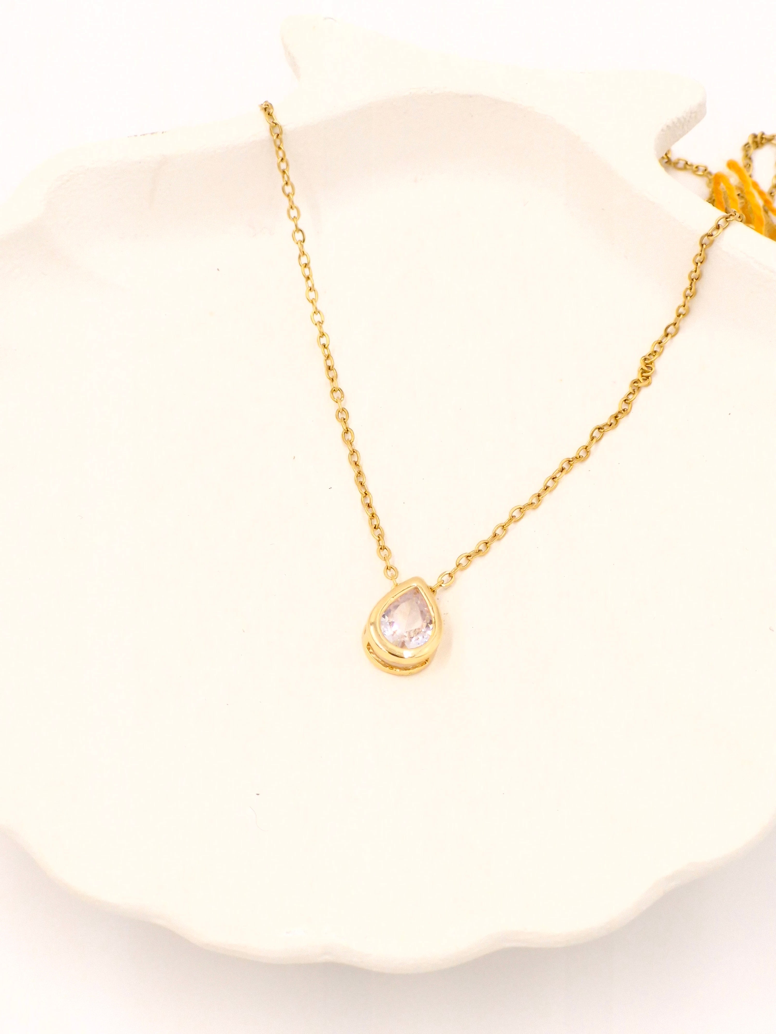 Stainless Steel Gold Plated Teardrop Crystal Pendant Necklace | Anti-Tarnish Minimal Chain | Women’s Jewellery