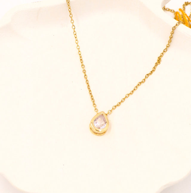 Stainless Steel Gold Plated Teardrop Crystal Pendant Necklace | Anti-Tarnish Minimal Chain | Women’s Jewellery