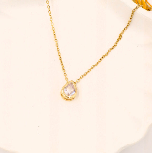 Stainless Steel Gold Plated Teardrop Crystal Pendant Necklace | Anti-Tarnish Minimal Chain | Women’s Jewellery