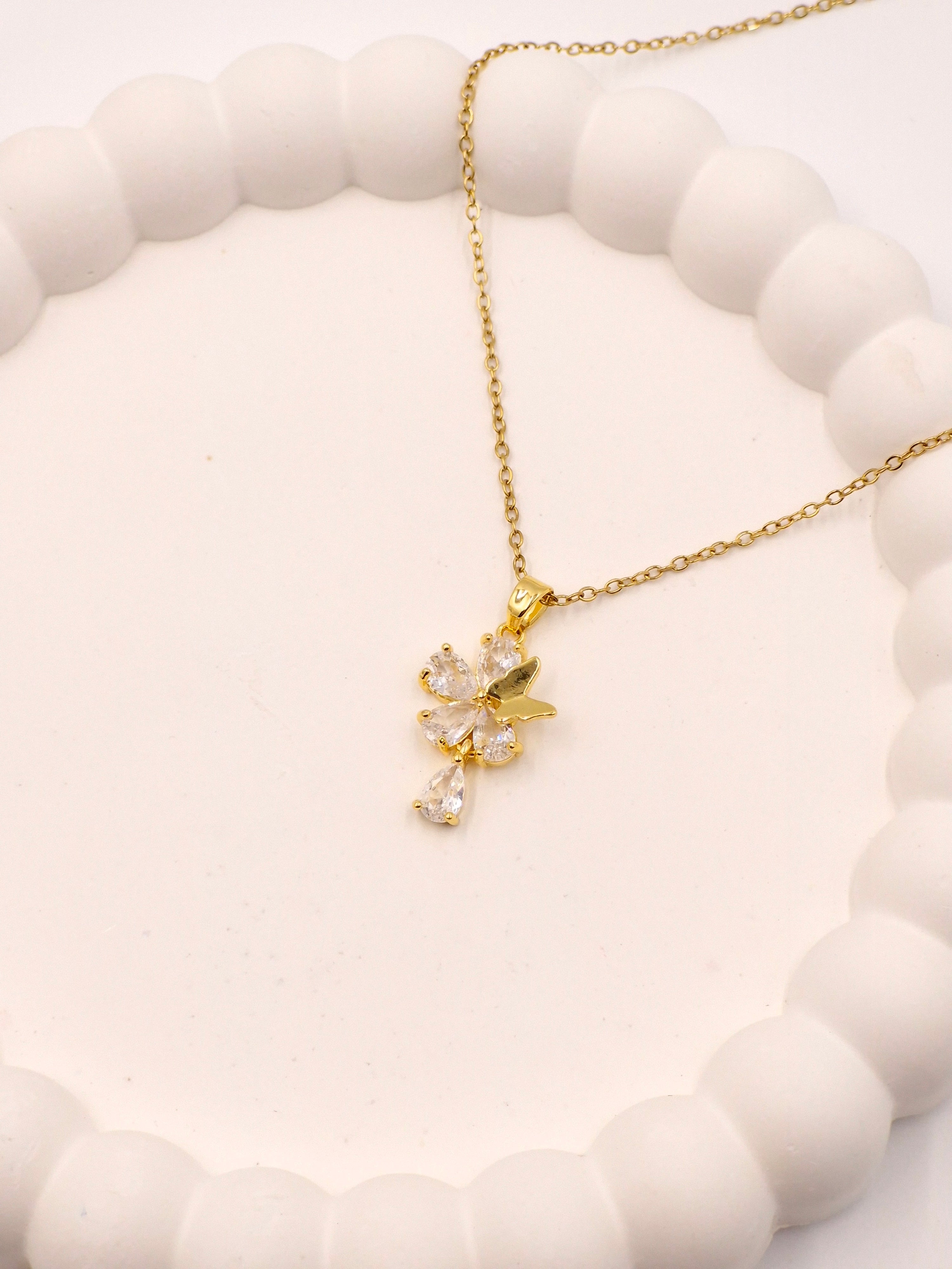Anti-Tarnish Stainless Steel Floral Butterfly Pendant Necklace with CZ Stones | Gold Finish Stylish Chain