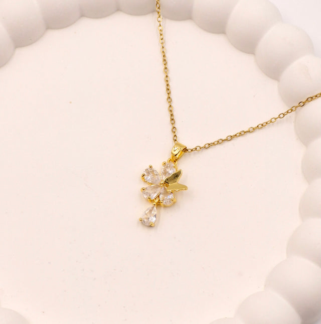 Anti-Tarnish Stainless Steel Floral Butterfly Pendant Necklace with CZ Stones | Gold Finish Stylish Chain