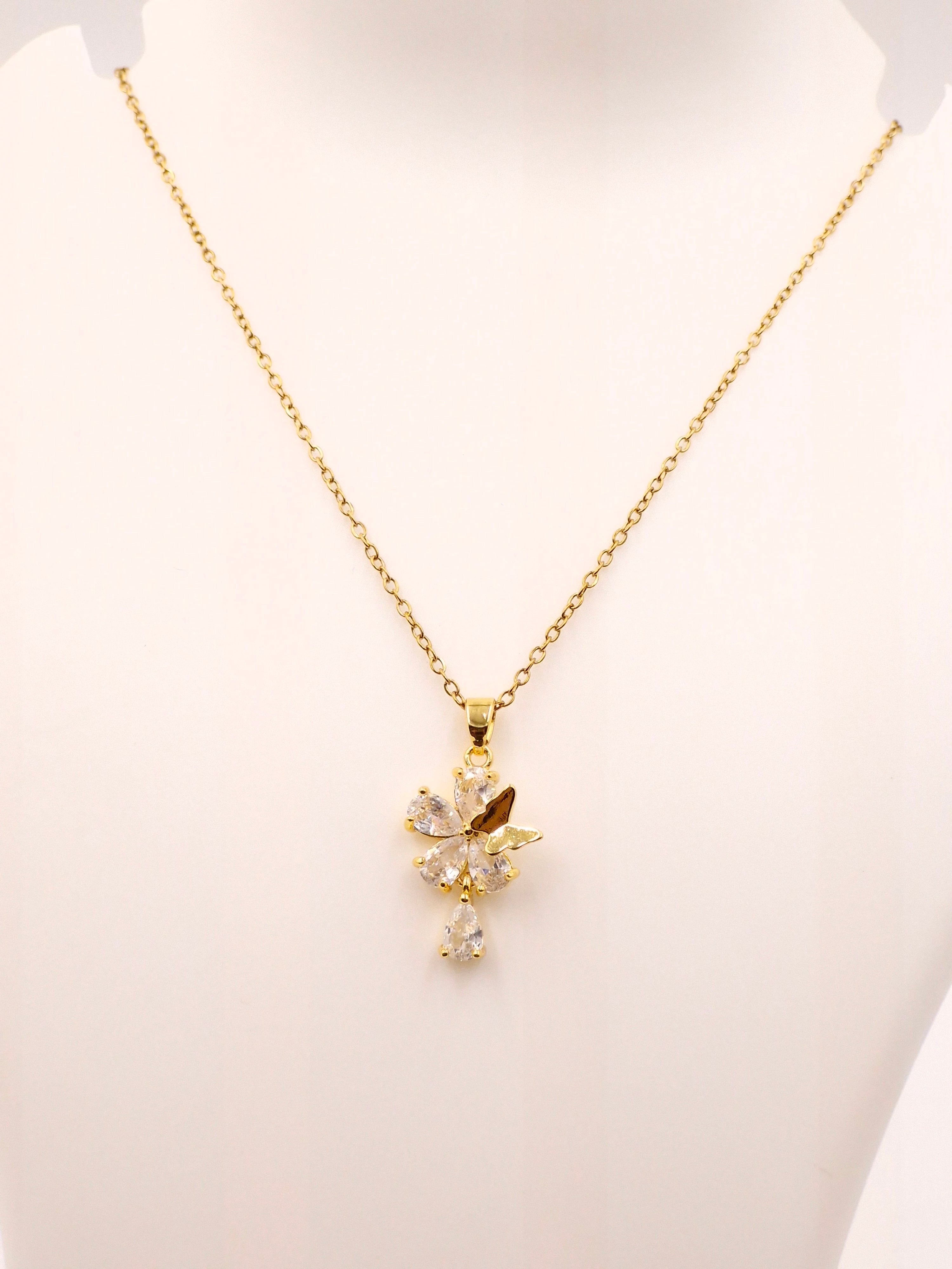 Anti-Tarnish Stainless Steel Floral Butterfly Pendant Necklace with CZ Stones | Gold Finish Stylish Chain