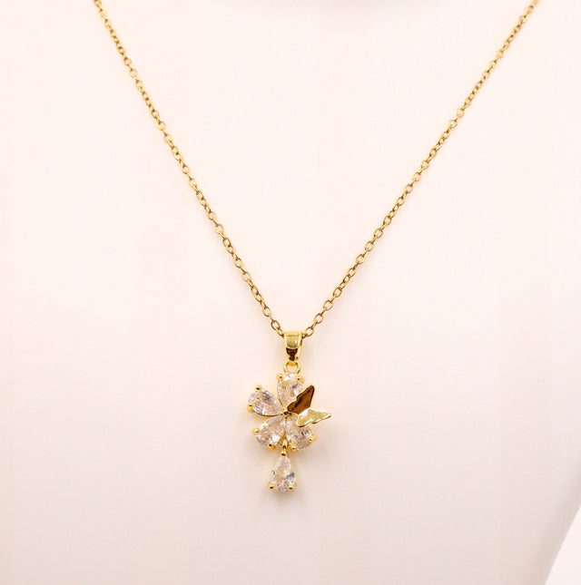 Anti-Tarnish Stainless Steel Floral Butterfly Pendant Necklace with CZ Stones | Gold Finish Stylish Chain