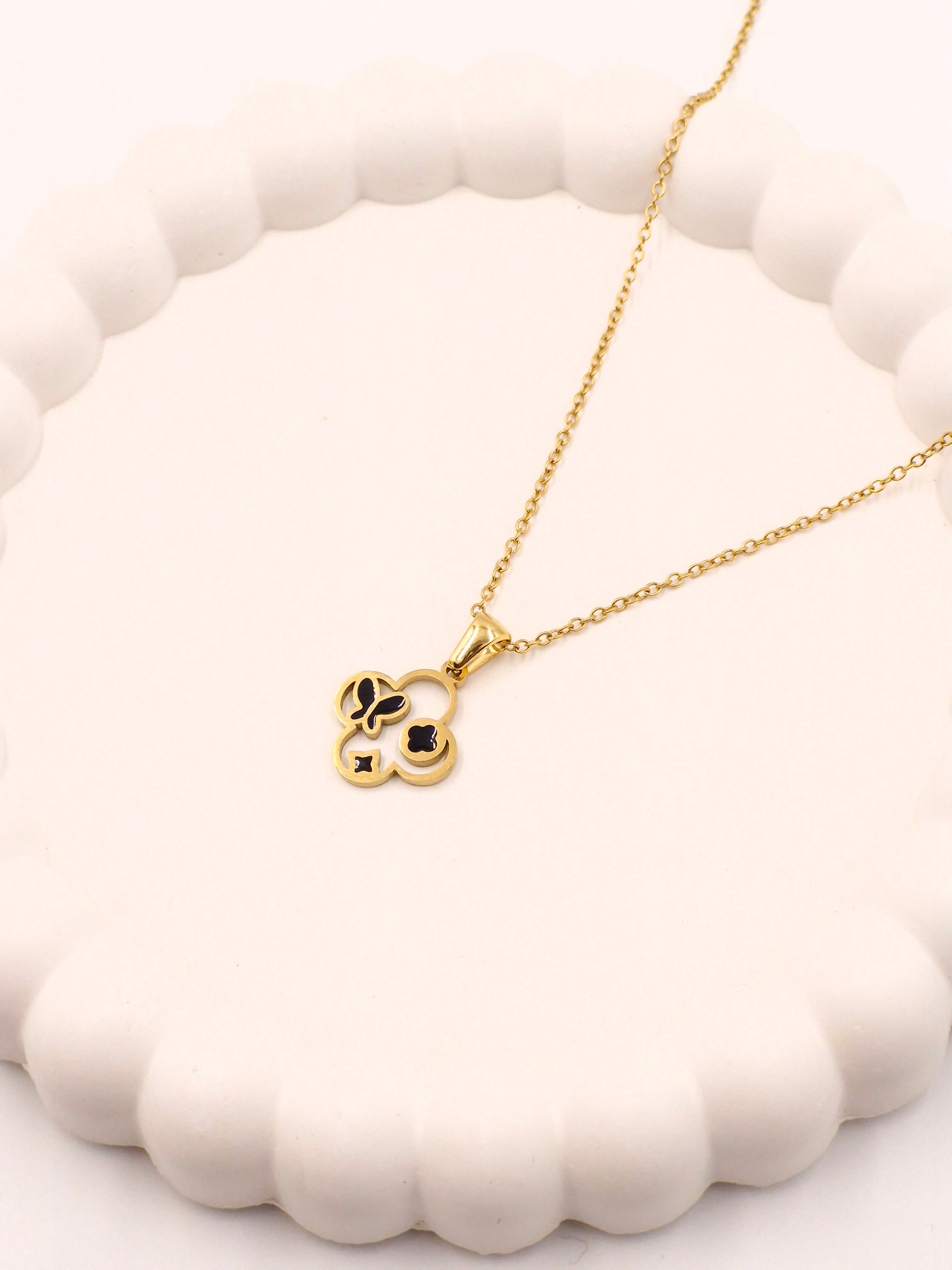 Iconic Black & Gold Clover Locket | Anti-Tarnish Stainless Steel Chain