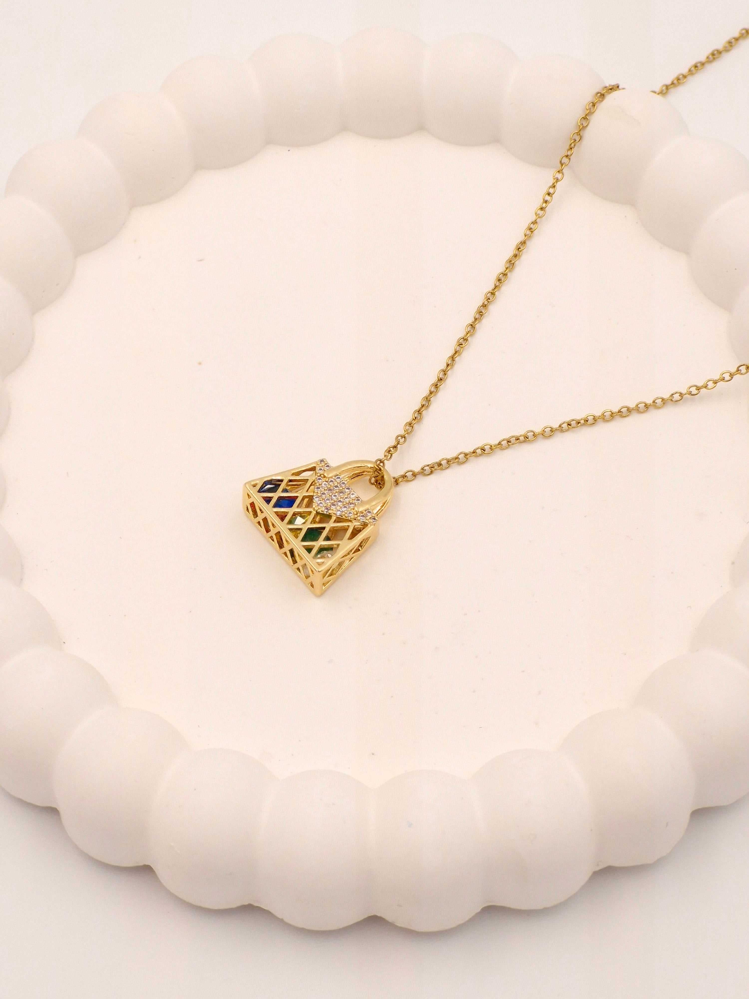 Fashion Handbag Charm Necklace | Anti-Tarnish Multi-Color Stone