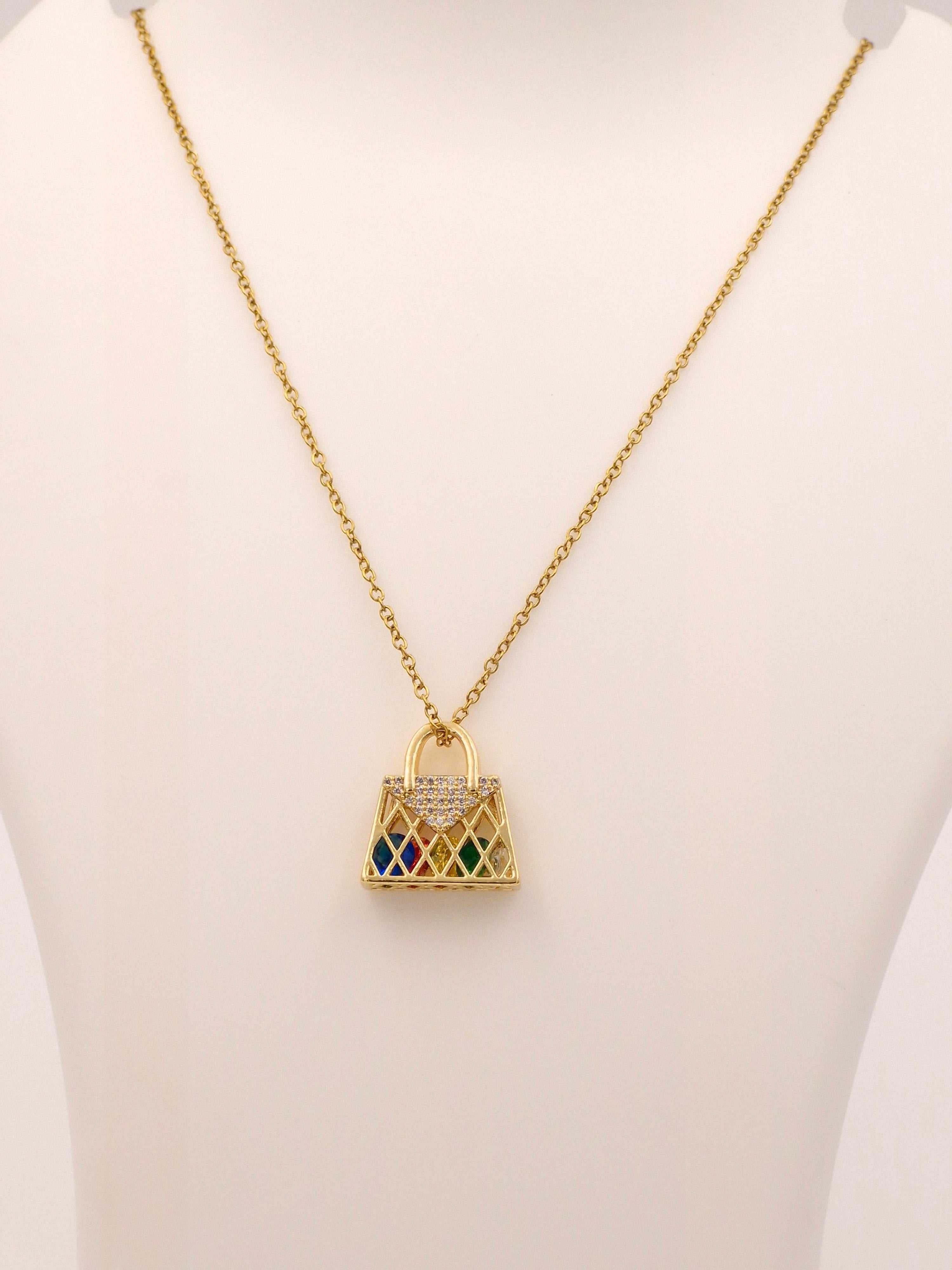 Fashion Handbag Charm Necklace | Anti-Tarnish Multi-Color Stone