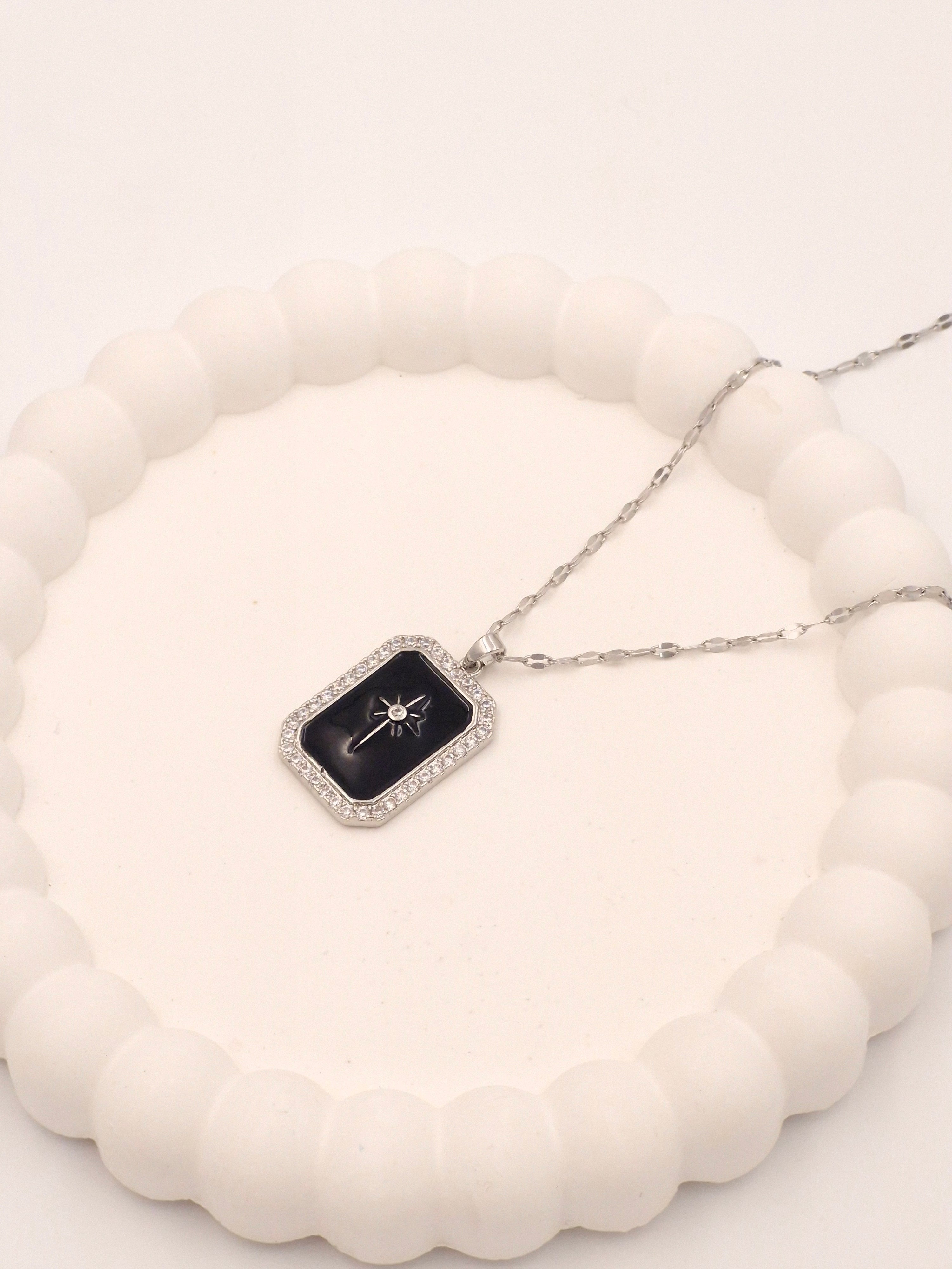 Silver & Black Rectangle Necklace | Anti-Tarnish Statement Piece
