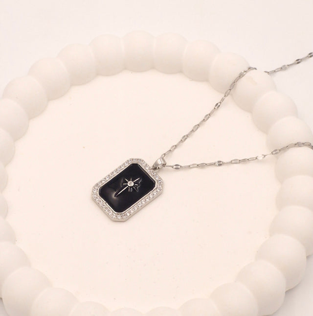 Silver & Black Rectangle Necklace | Anti-Tarnish Statement Piece
